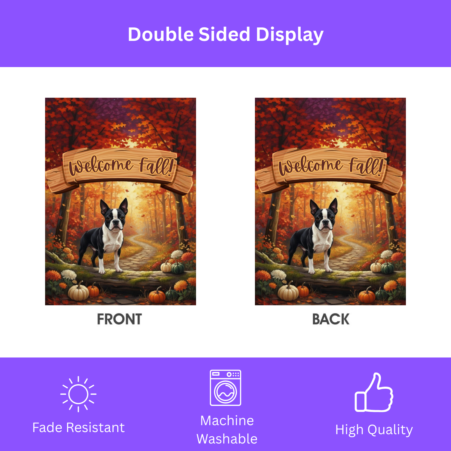 Welcome Fall Boston Terrier Garden Flag - double-sided design - Dragonfire Gardens
