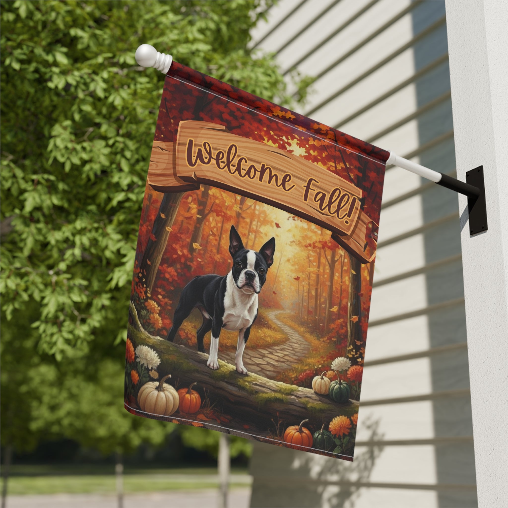 Welcome Fall Boston Terrier Garden Flag - close-up detail - Dragonfire Gardens