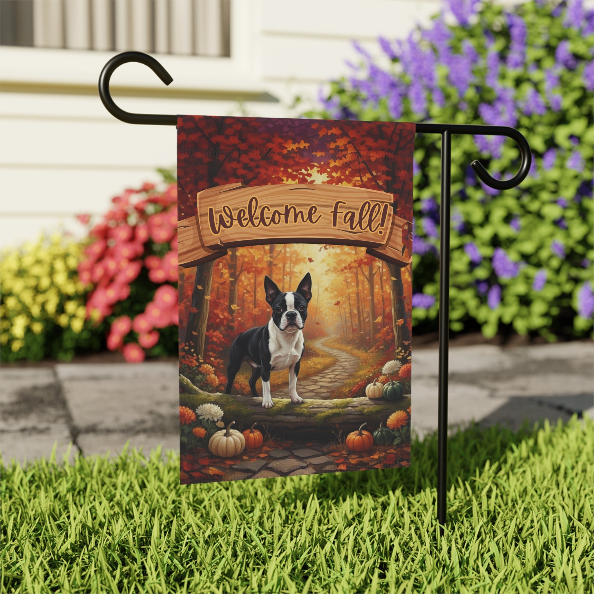 Welcome Fall Boston Terrier Garden Flag - outdoor display - Dragonfire Gardens