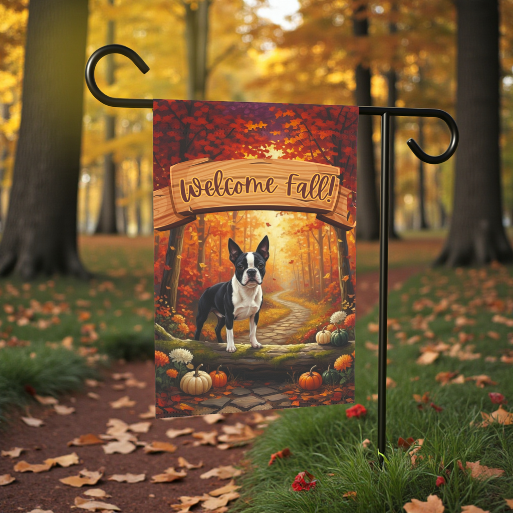 Welcome Fall Boston Terrier Garden Flag - front view - Dragonfire Gardens