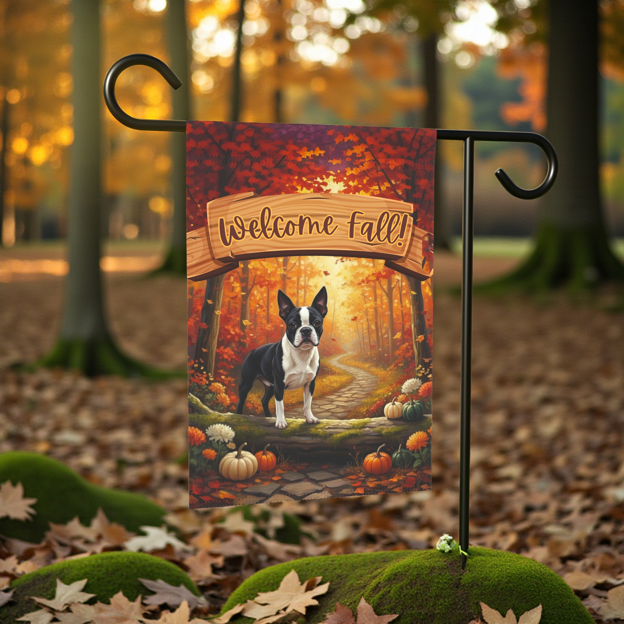 Welcome Fall Boston Terrier Garden Flag - size comparison - Dragonfire Gardens