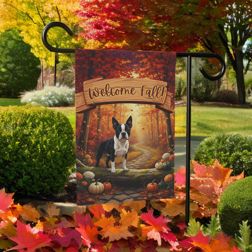 Welcome Fall Boston Terrier Garden Flag - lifestyle display - Dragonfire Gardens