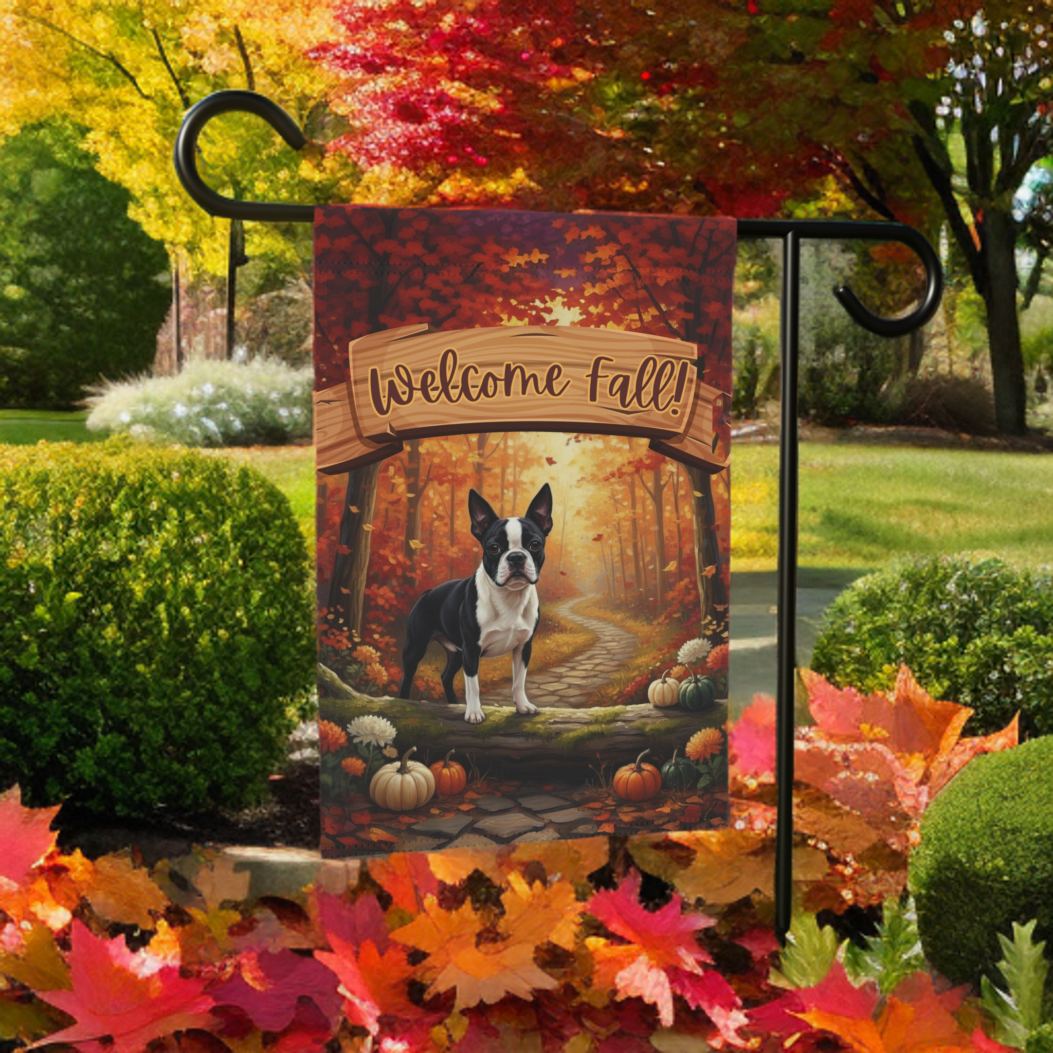 Welcome Fall Boston Terrier Garden Flag - lifestyle display - Dragonfire Gardens