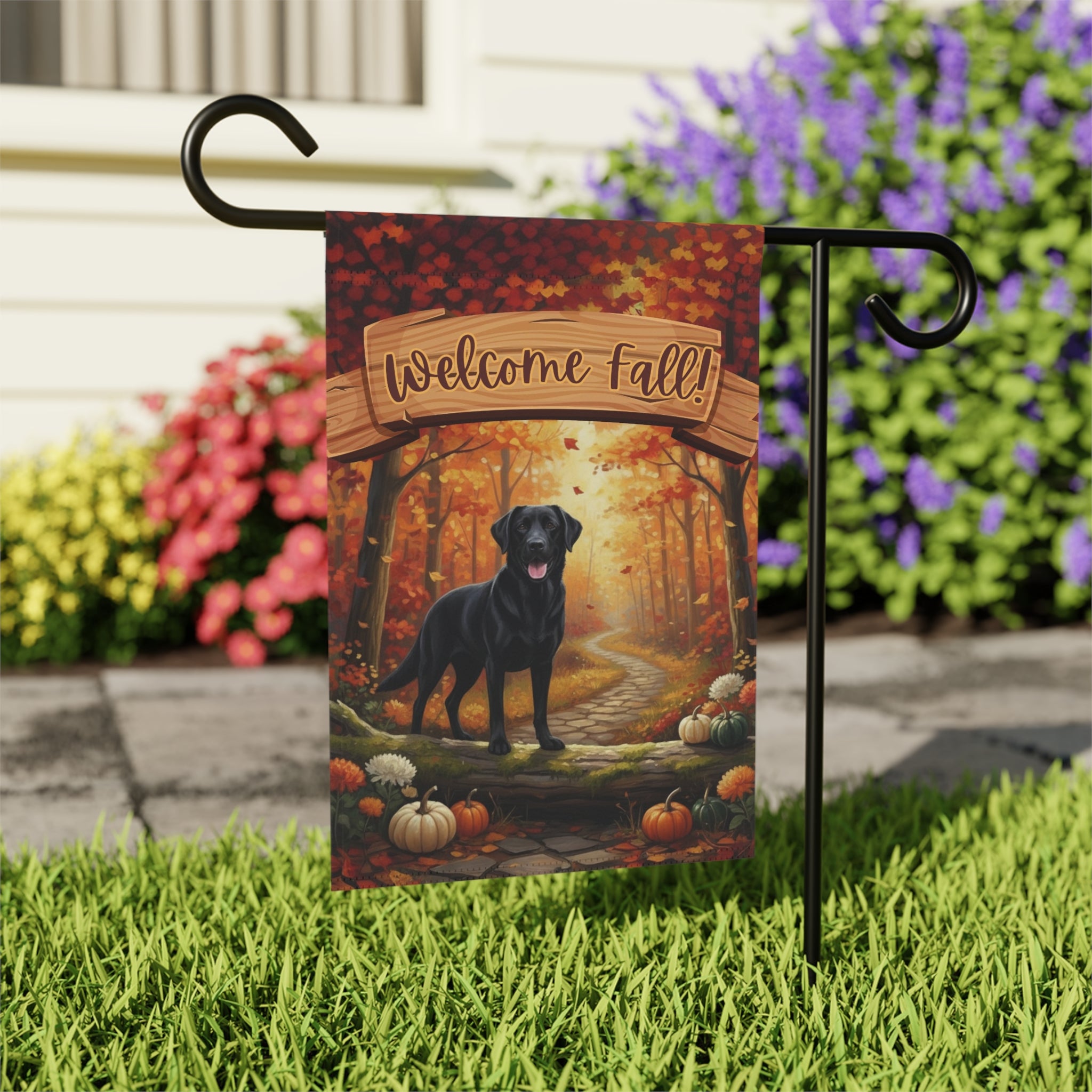 Welcome Fall Black Labrador Retriever Garden Flag - outdoor display - Dragonfire Gardens