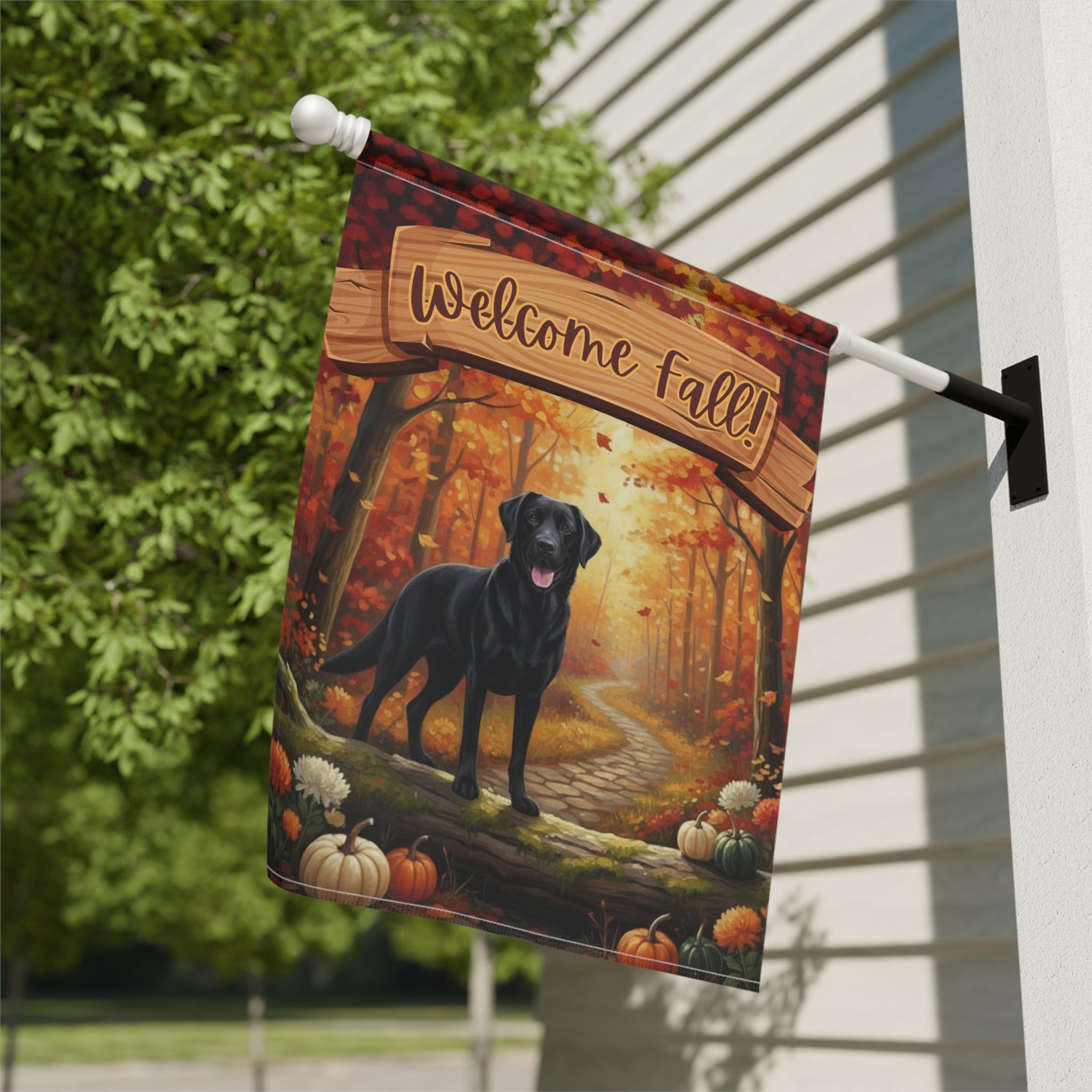 Welcome Fall Black Labrador Retriever Garden Flag - close-up detail - Dragonfire Gardens