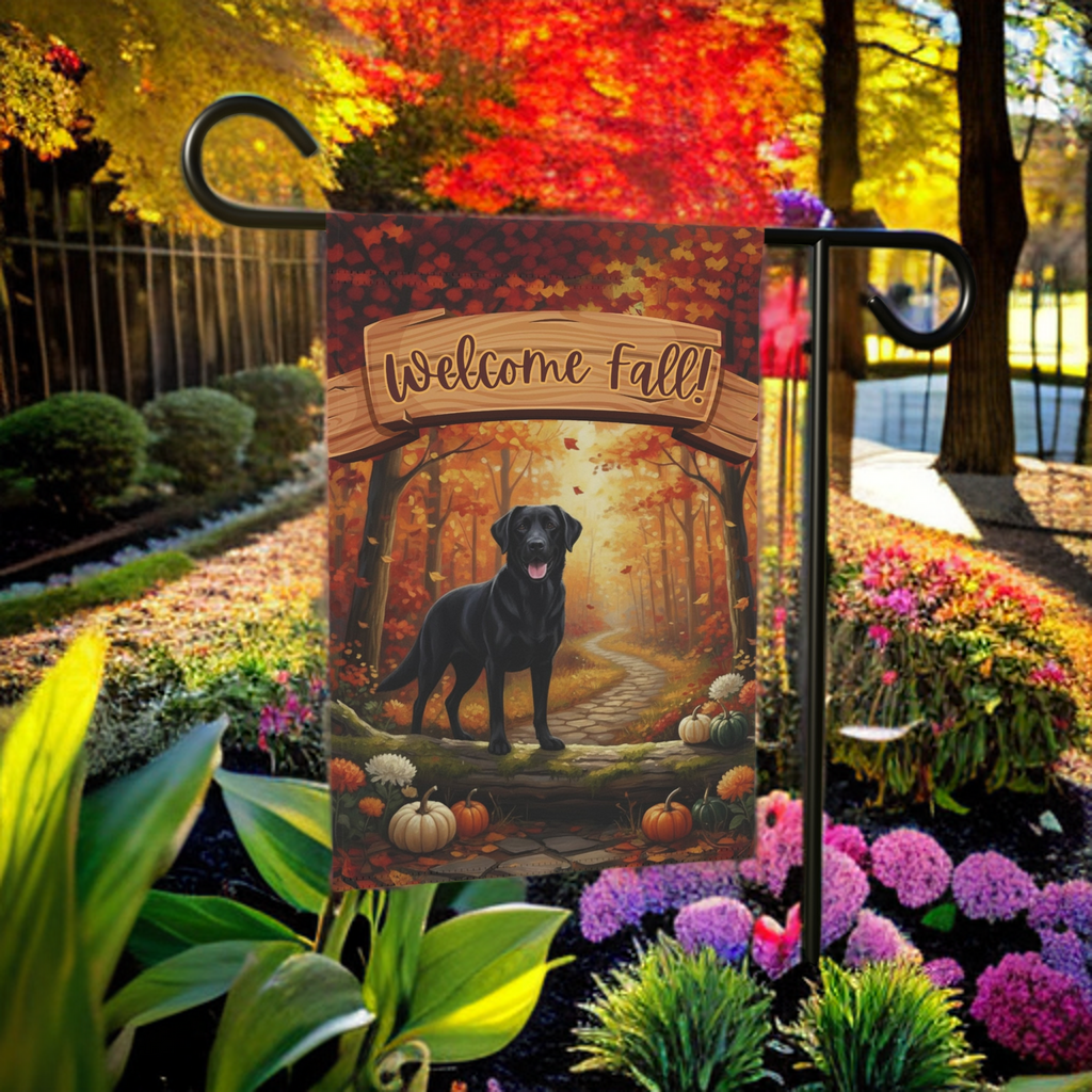 Welcome Fall Black Labrador Retriever Garden Flag - lifestyle display - Dragonfire Gardens
