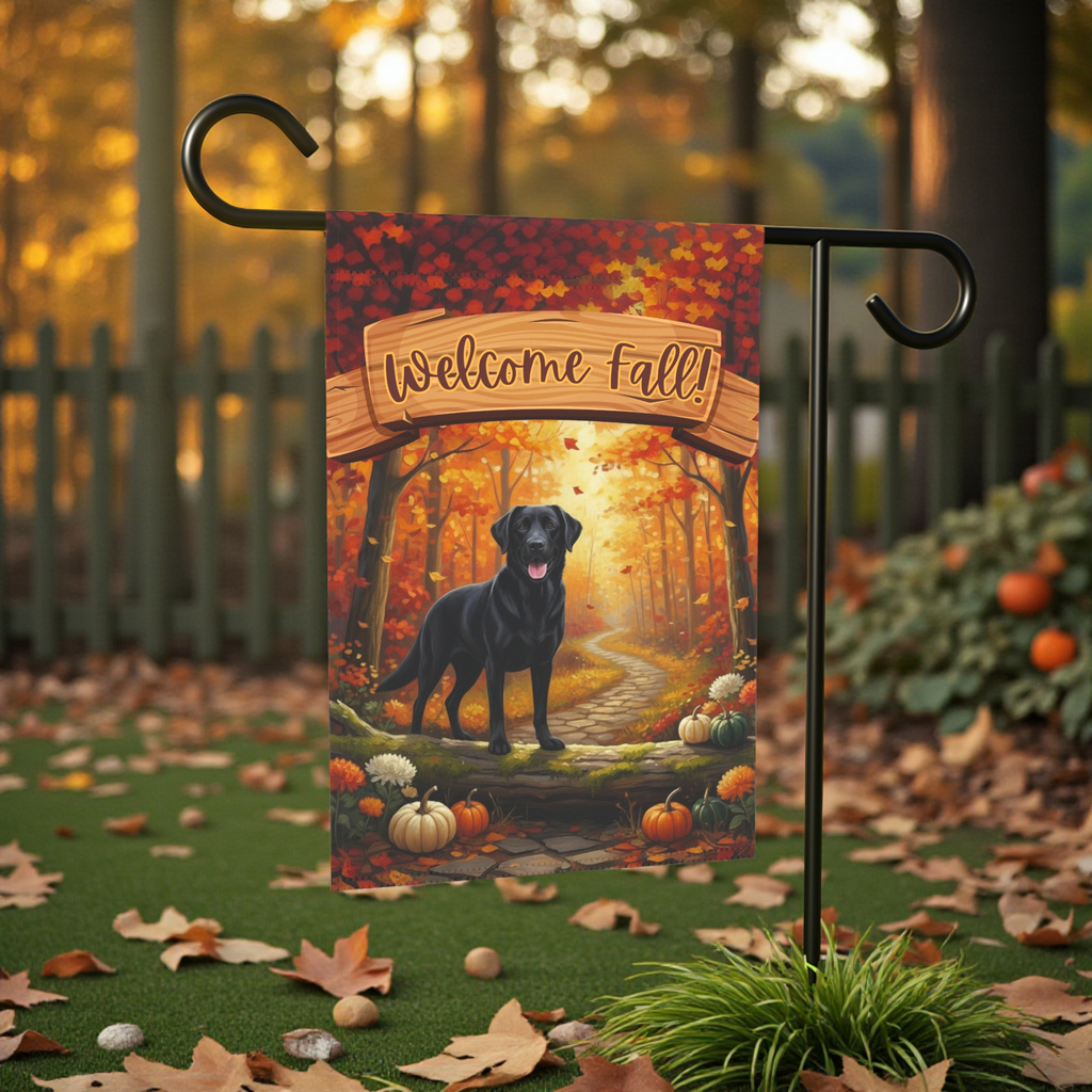 Welcome Fall Black Labrador Retriever Garden Flag - front view - Dragonfire Gardens