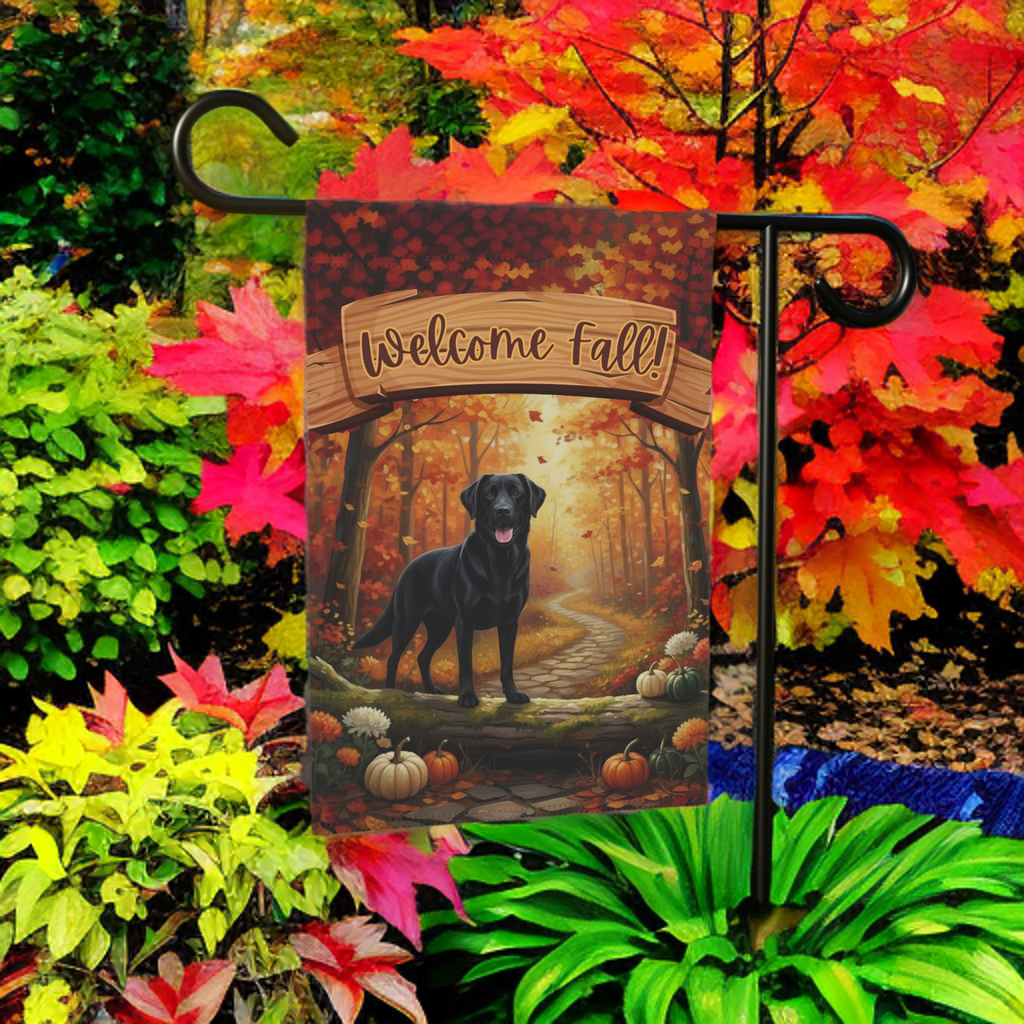 Welcome Fall Black Labrador Retriever Garden Flag - size comparison - Dragonfire Gardens