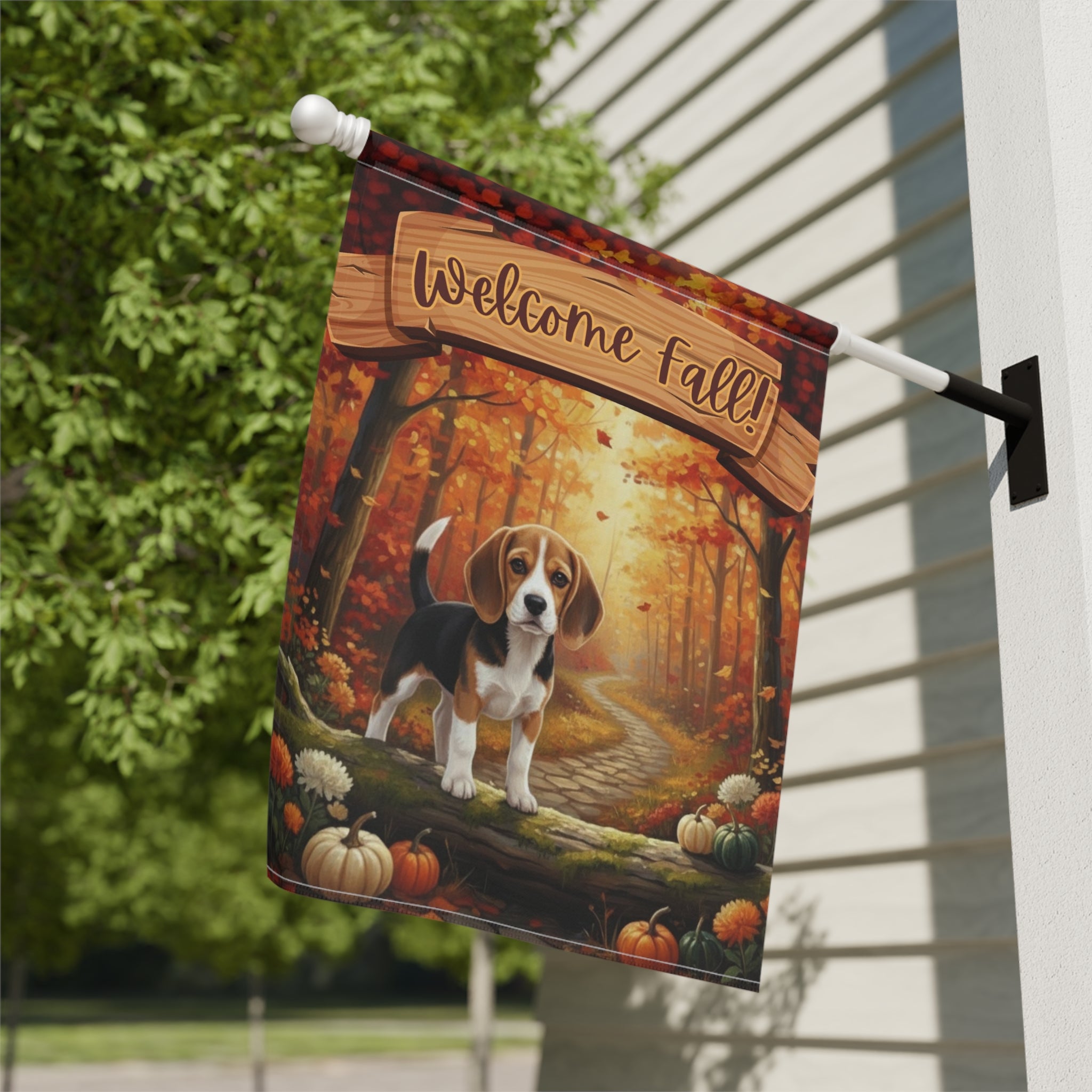 Welcome Fall Beagle Garden Flag - close-up detail - Dragonfire Gardens