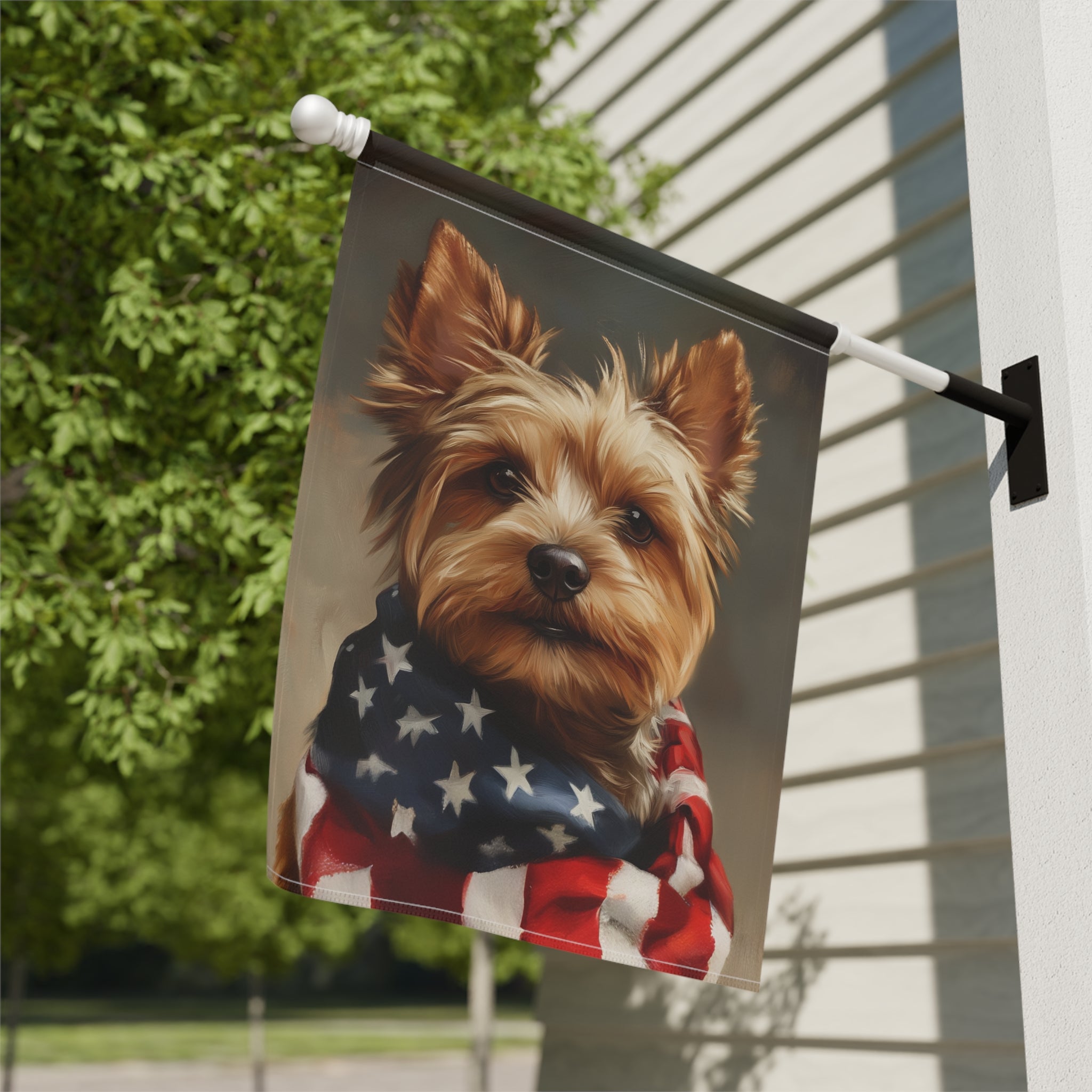 American Flag Yorkshire Terrier Garden Flag - close-up detail - Dragonfire Gardens