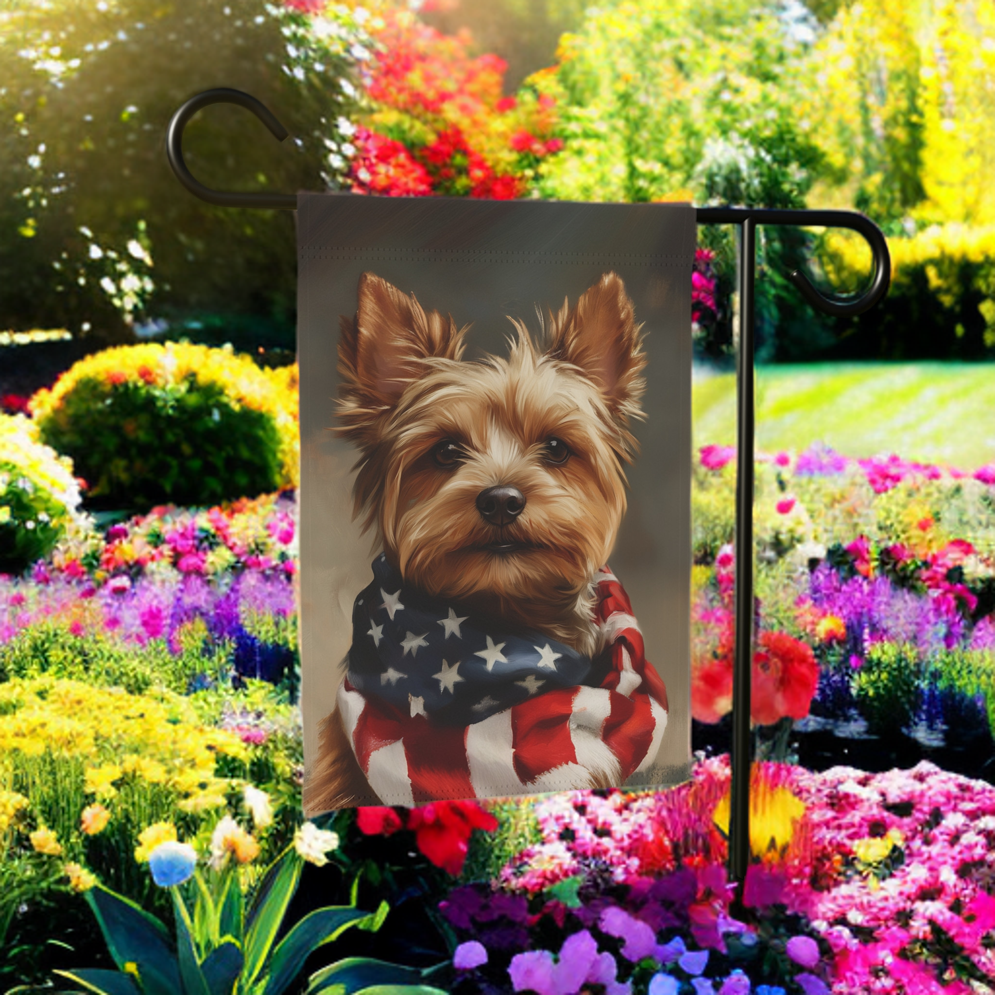 American Flag Yorkshire Terrier Garden Flag - size comparison - Dragonfire Gardens