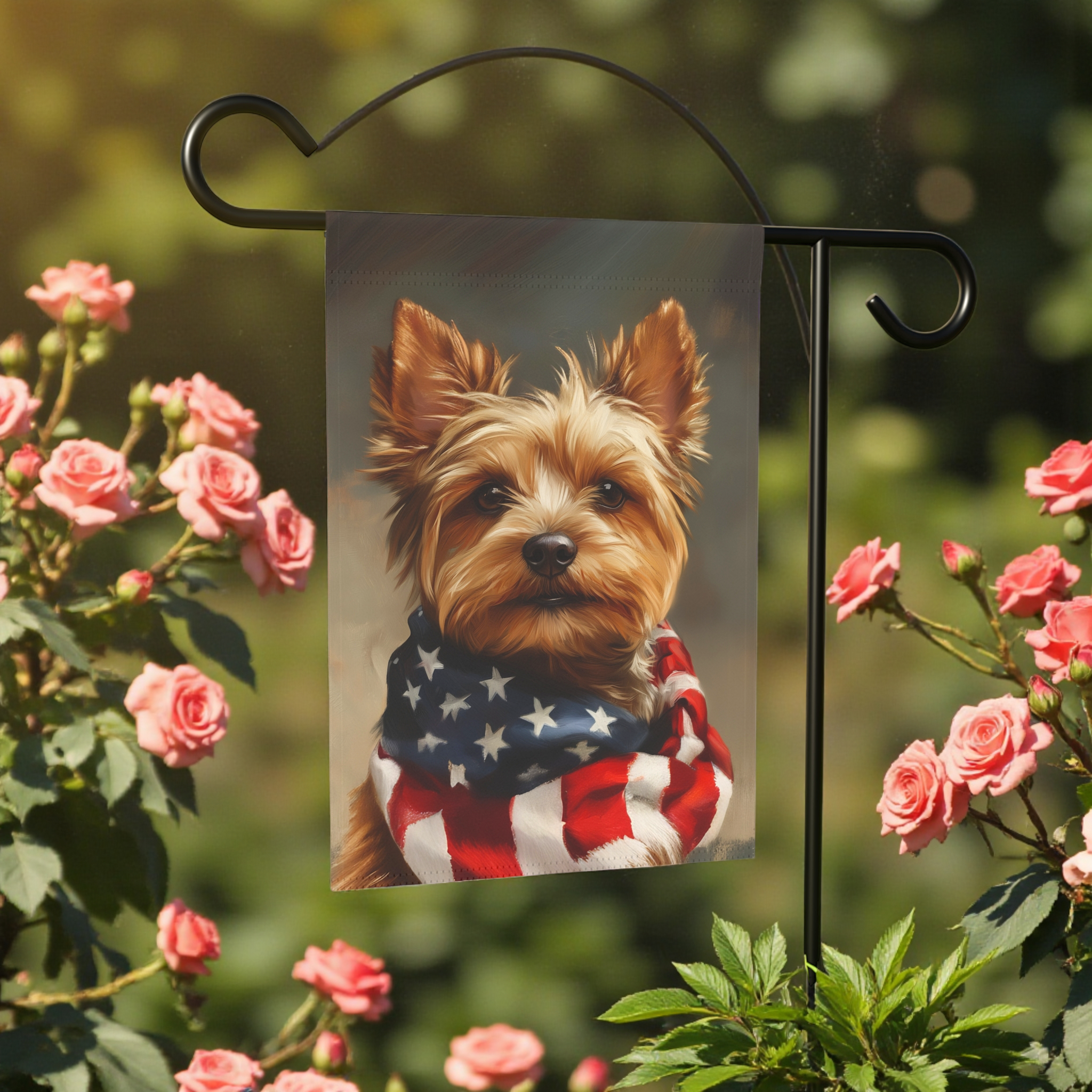American Flag Yorkshire Terrier Garden Flag - front view - Dragonfire Gardens