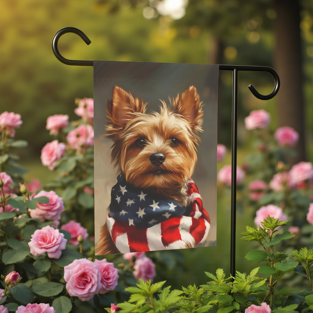 American Flag Yorkshire Terrier Garden Flag - lifestyle display - Dragonfire Gardens