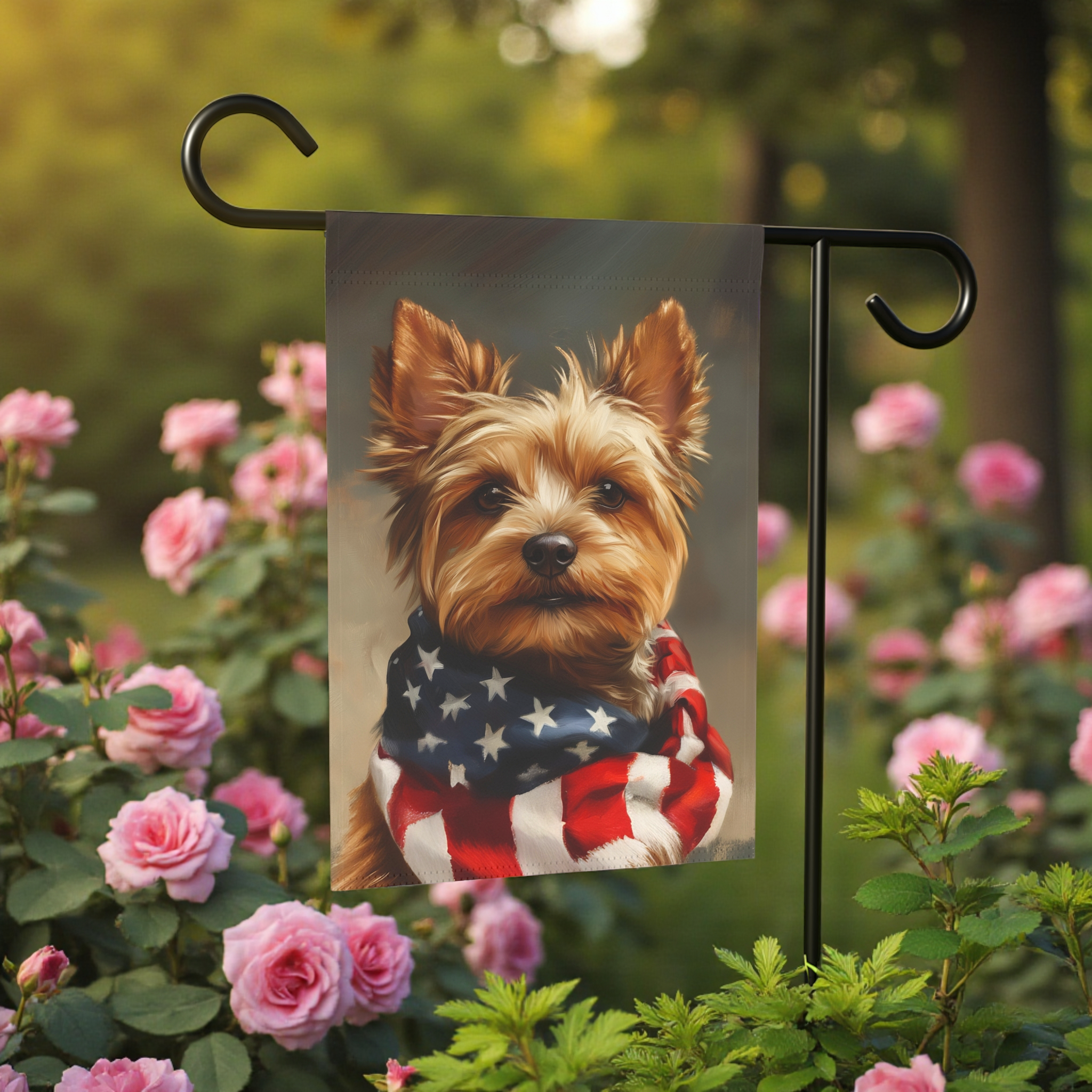American Flag Yorkshire Terrier Garden Flag - lifestyle display - Dragonfire Gardens