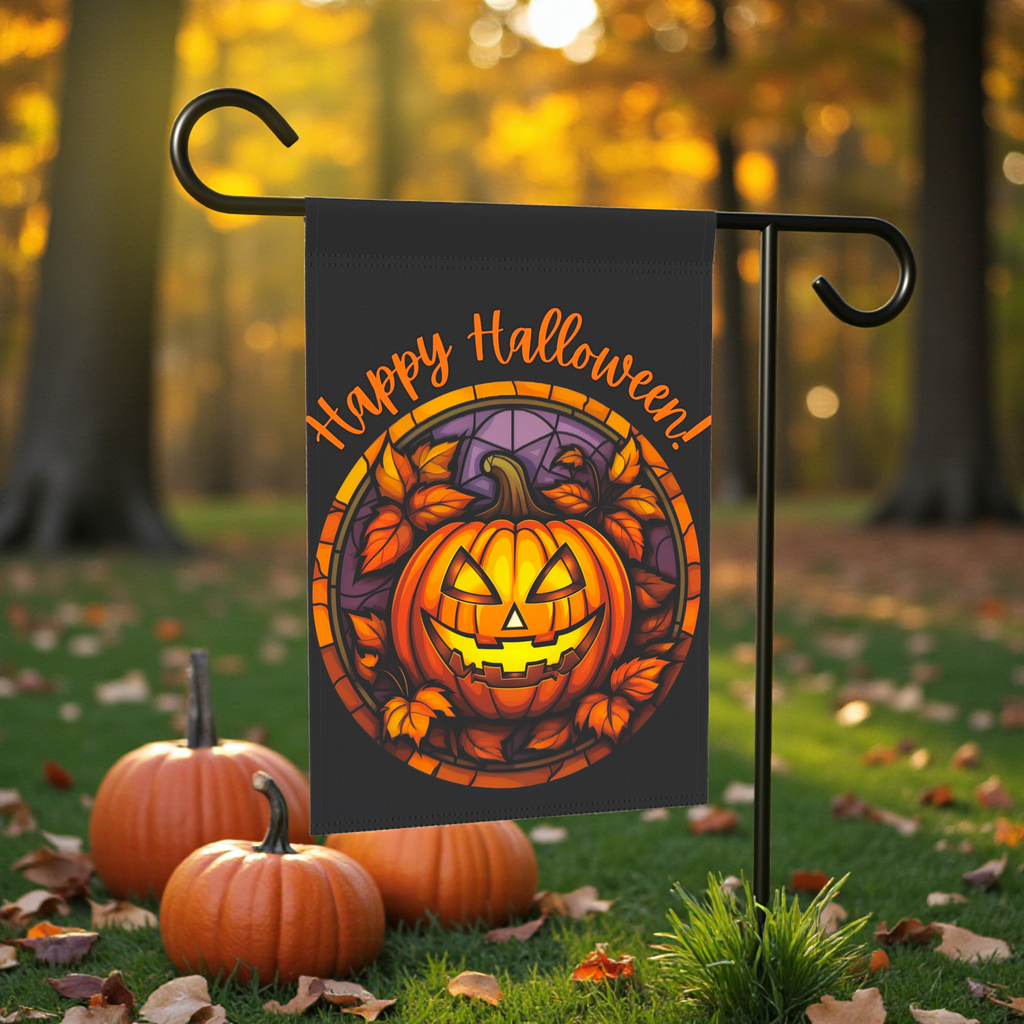 Jack-o-lantern Halloween Garden Flag - front view - Dragonfire Gardens