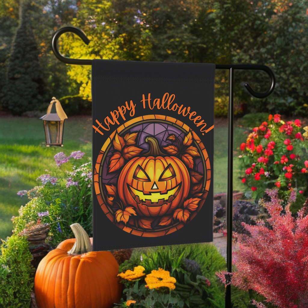 Jack-o-lantern Halloween Garden Flag - lifestyle display - Dragonfire Gardens