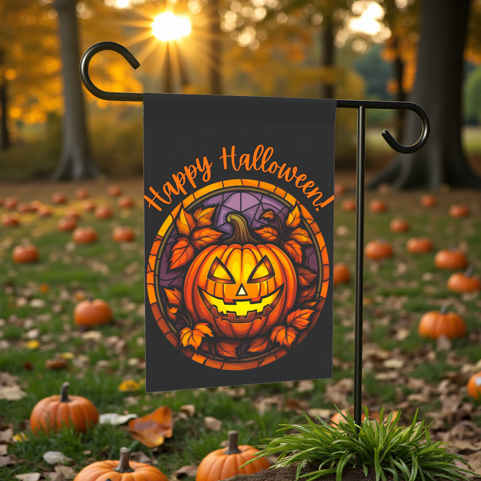 Jack-o-lantern Halloween Garden Flag - size comparison - Dragonfire Gardens