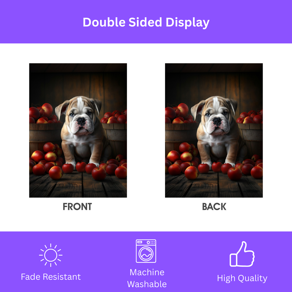 Bulldog Puppy and Apples Garden Flag - double-sided design - Dragonfire Gardens