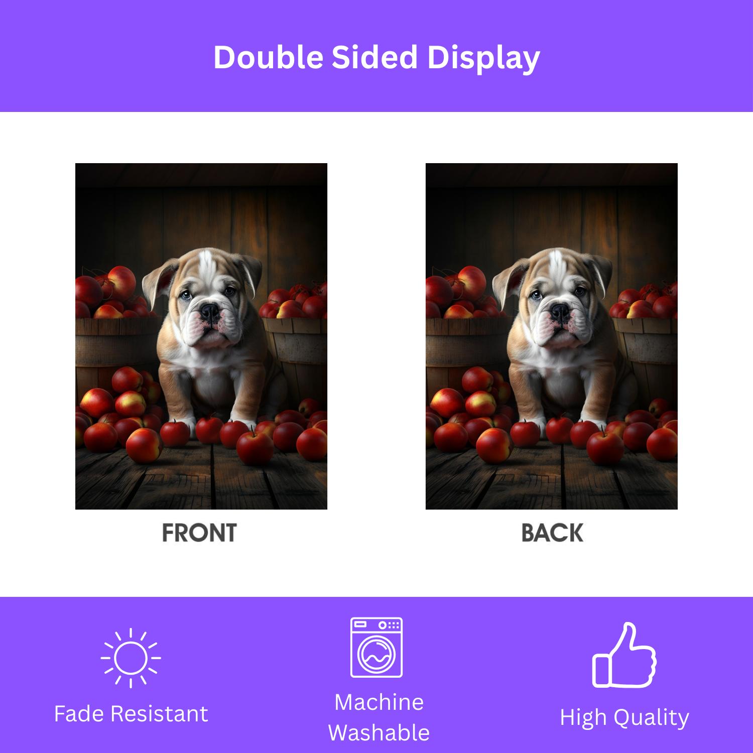 Bulldog Puppy and Apples Garden Flag - double-sided design - Dragonfire Gardens