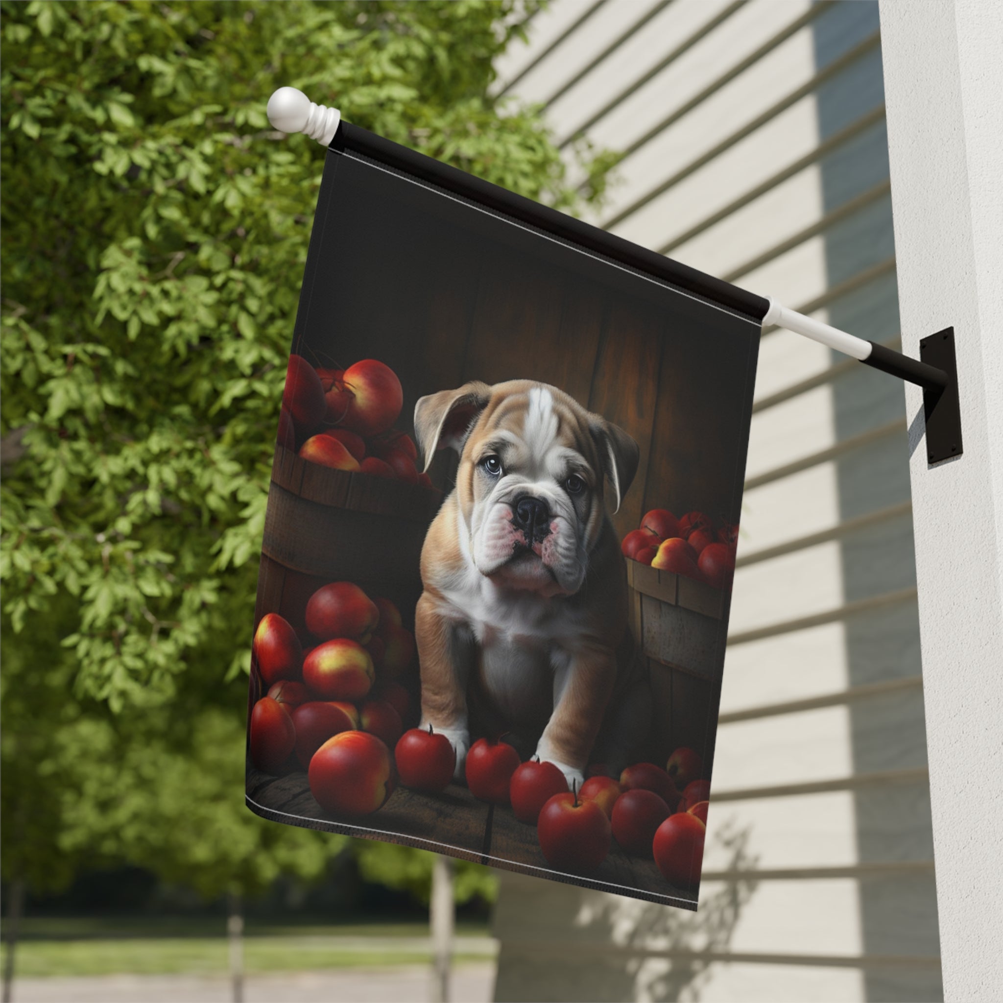 Bulldog Puppy and Apples Garden Flag - close-up detail - Dragonfire Gardens