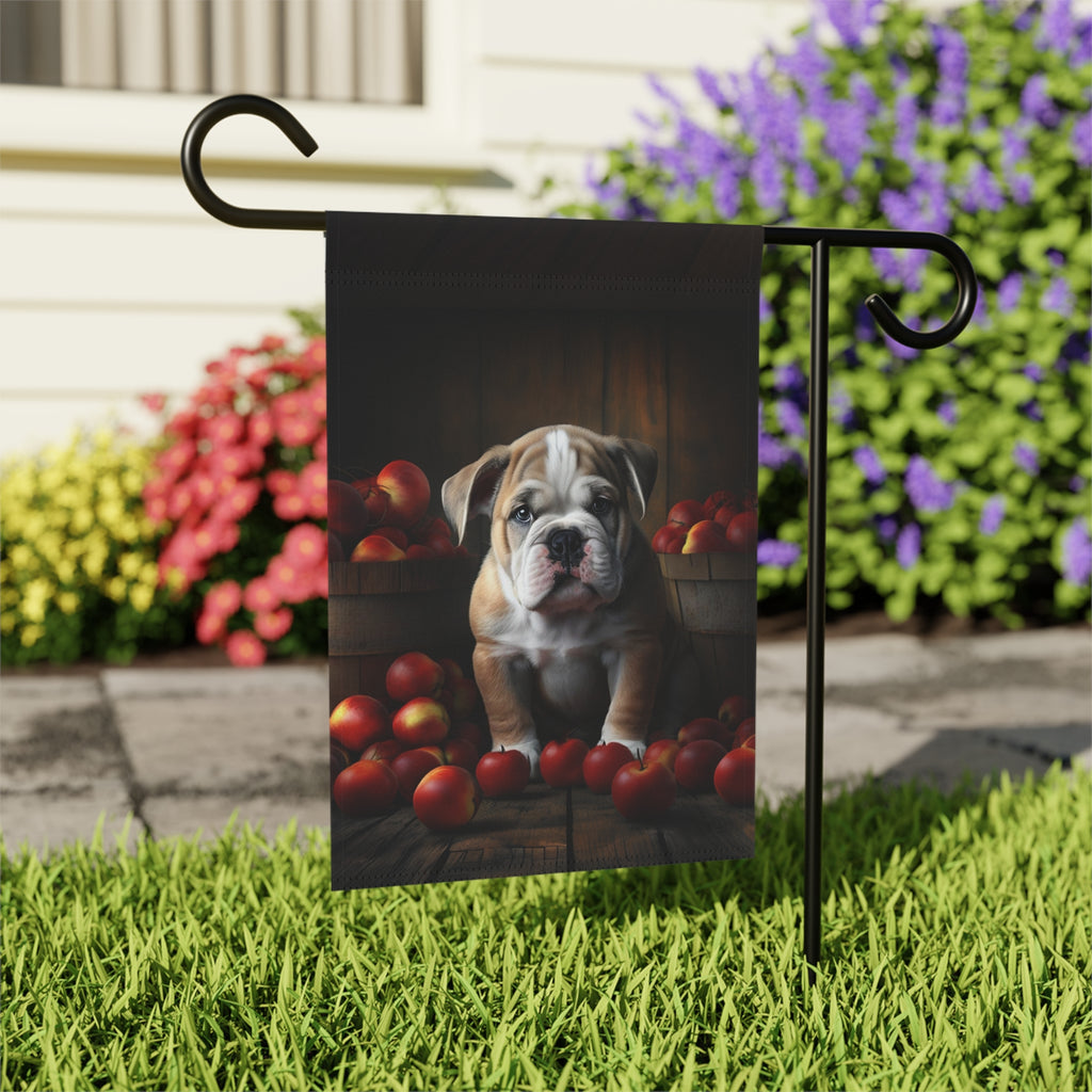 Bulldog Puppy and Apples Garden Flag - outdoor display - Dragonfire Gardens