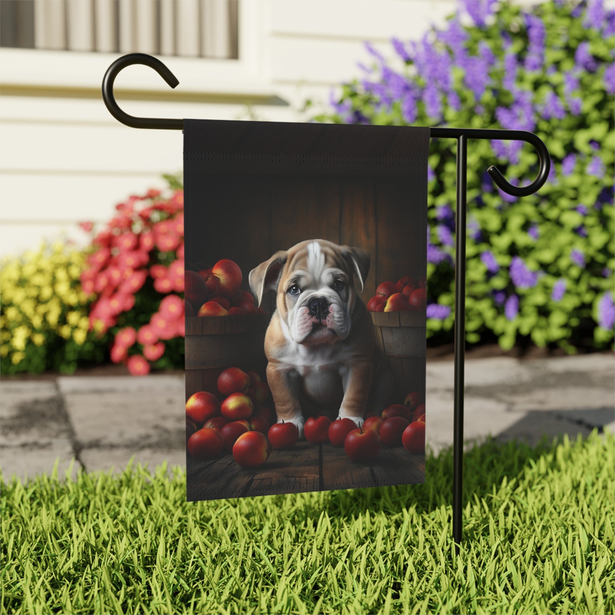Bulldog Puppy and Apples Garden Flag - outdoor display - Dragonfire Gardens