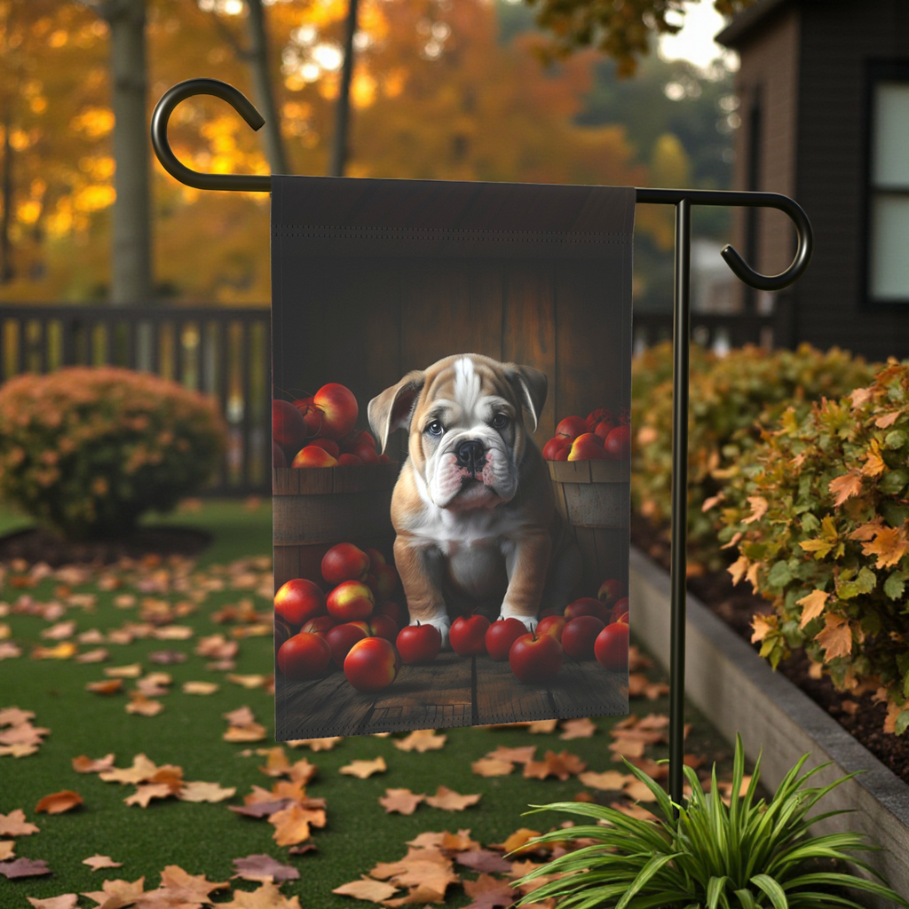 Bulldog Puppy and Apples Garden Flag - front view - Dragonfire Gardens