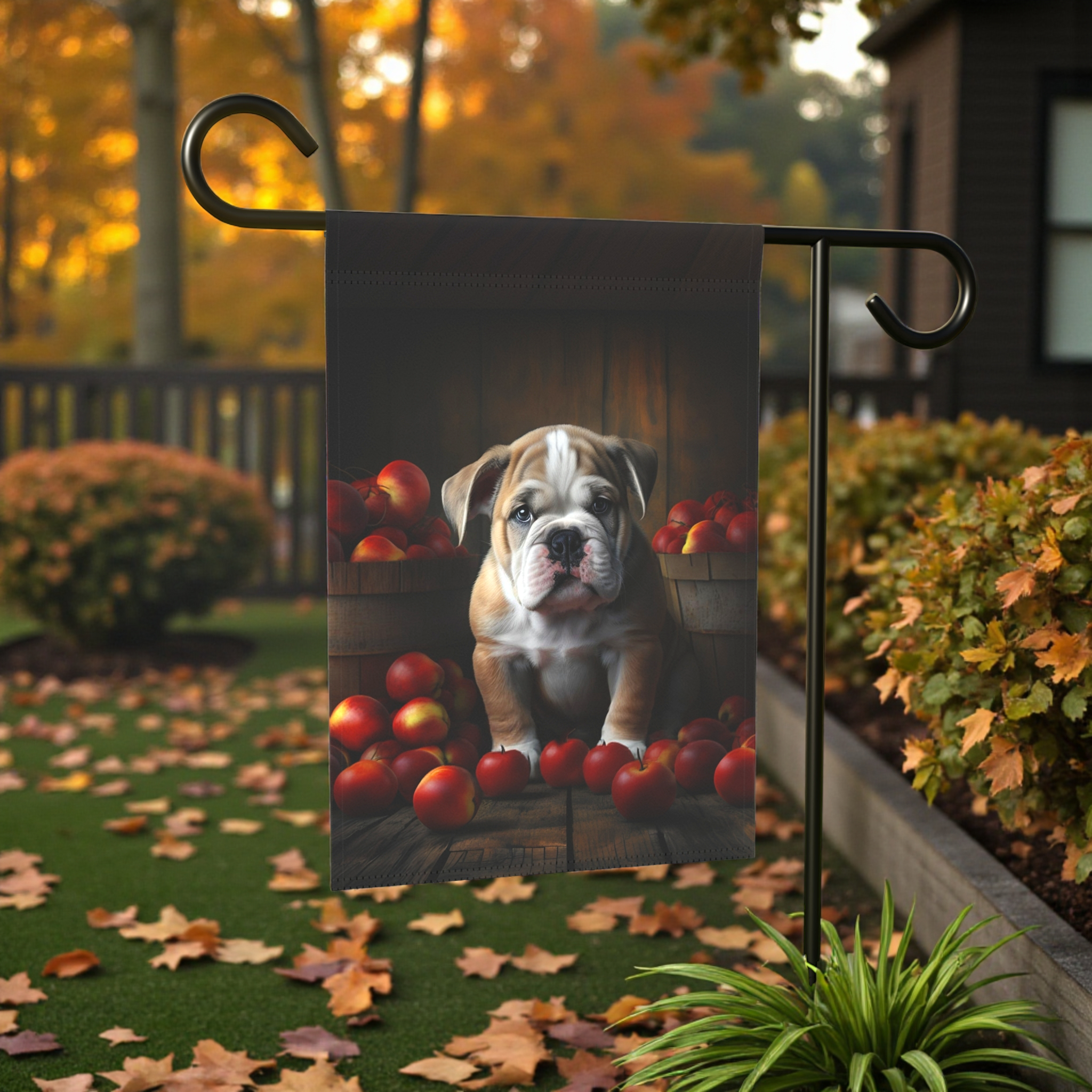 Bulldog Puppy and Apples Garden Flag - front view - Dragonfire Gardens