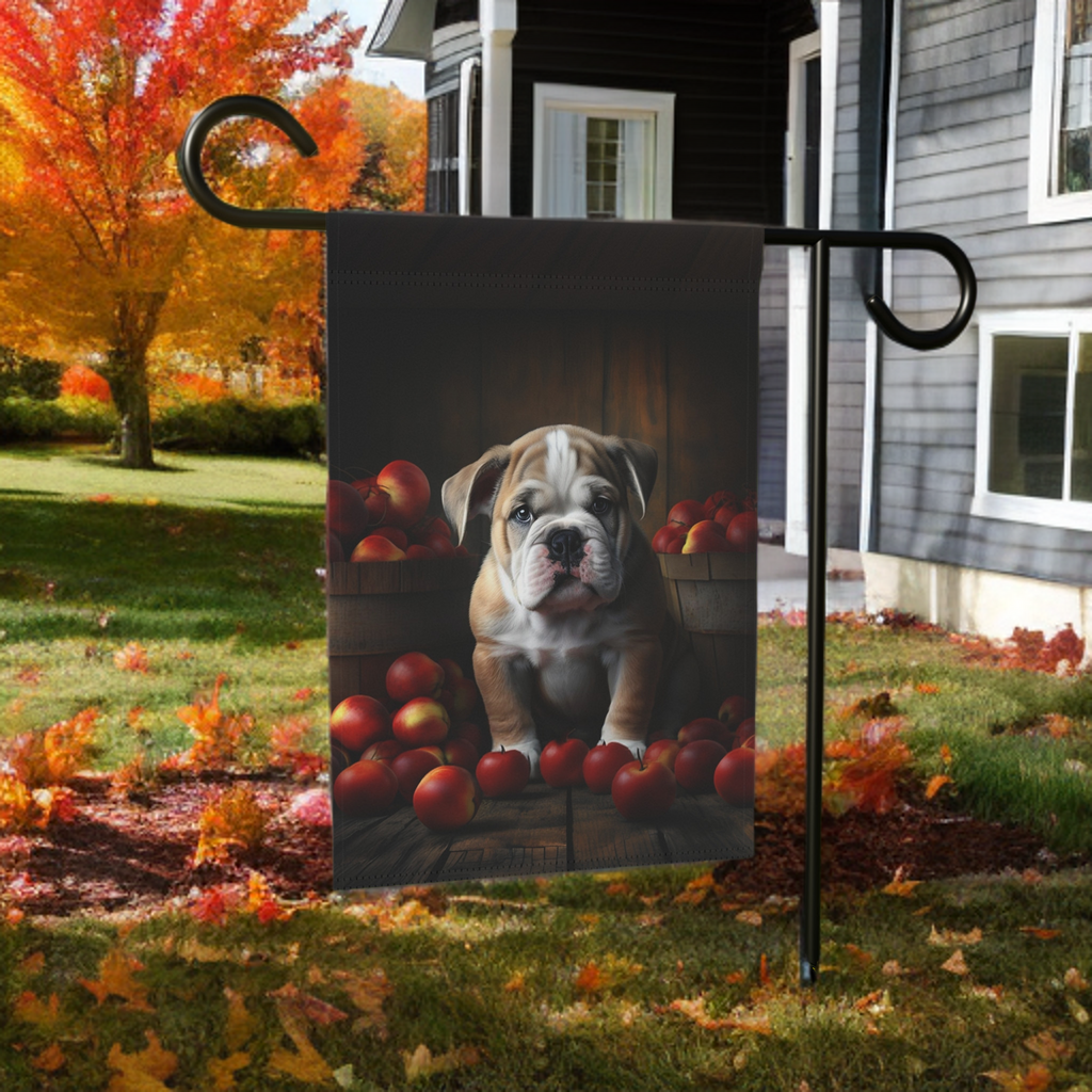 Bulldog Puppy and Apples Garden Flag - size comparison - Dragonfire Gardens