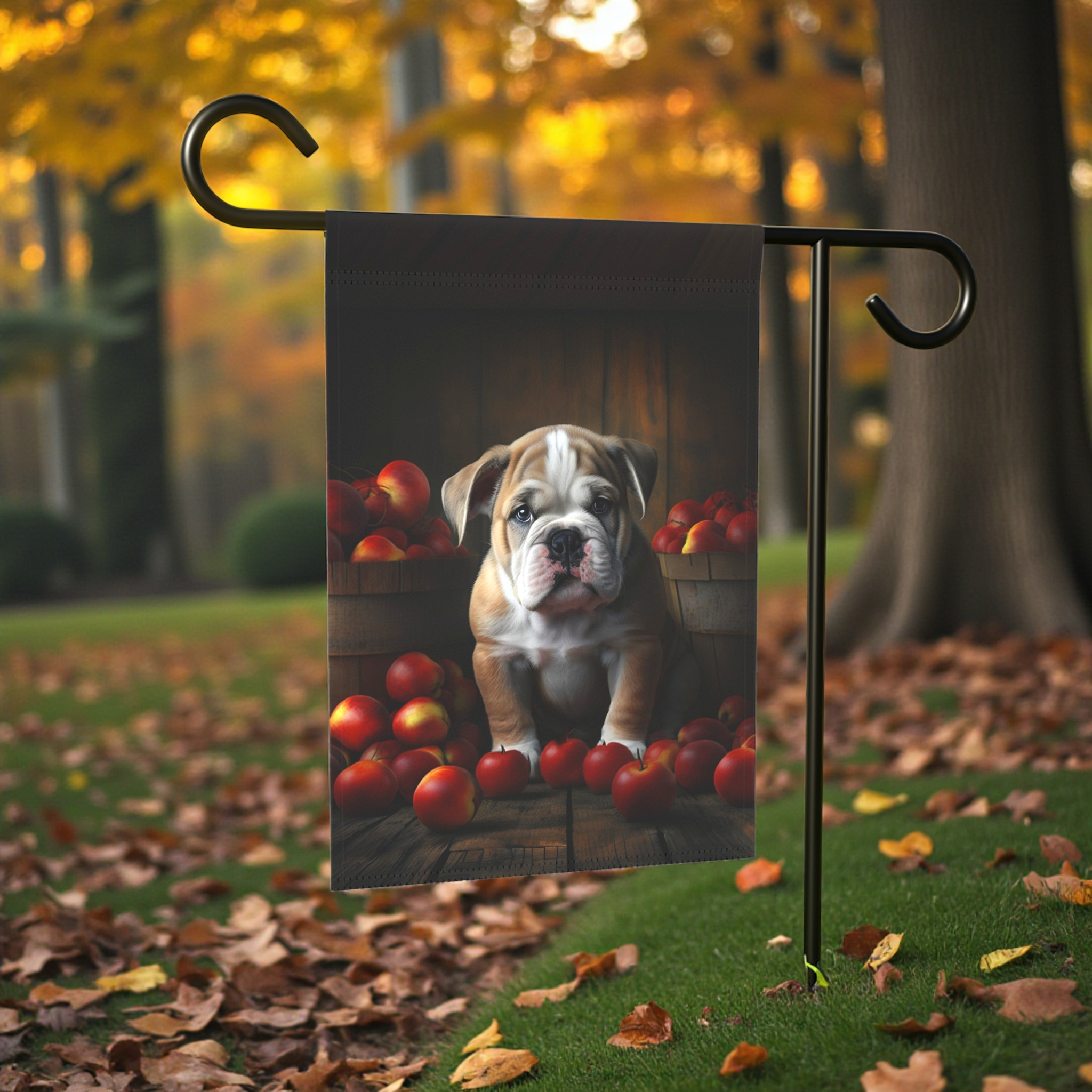 Bulldog Puppy and Apples Garden Flag - lifestyle display - Dragonfire Gardens