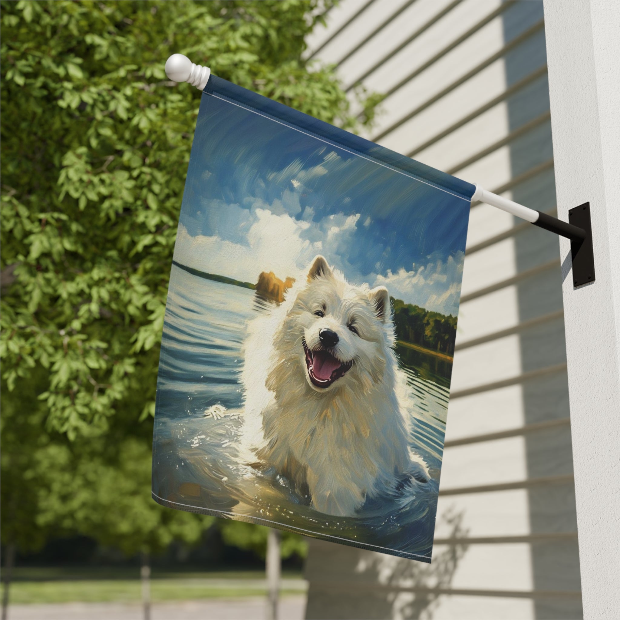 Samoyed Water Adventure Garden Flag - close-up detail - Dragonfire Gardens