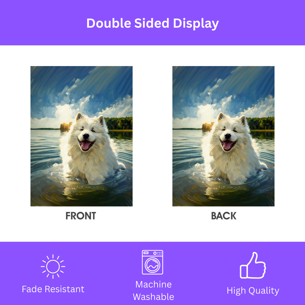 Samoyed Water Adventure Garden Flag - double-sided design - Dragonfire Gardens