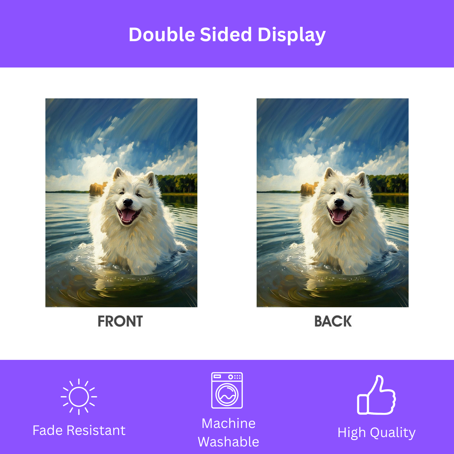 Samoyed Water Adventure Garden Flag - double-sided design - Dragonfire Gardens