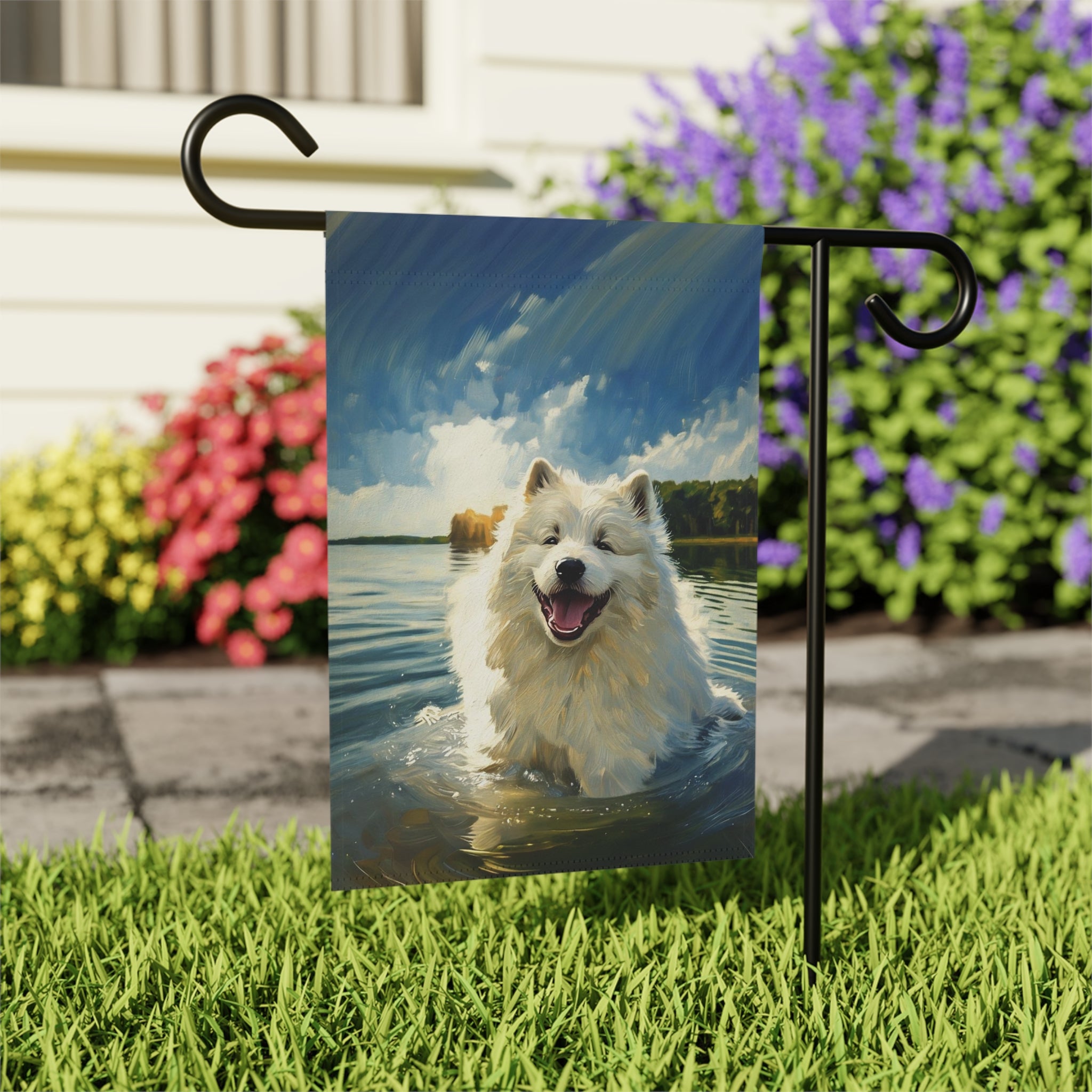 Samoyed Water Adventure Garden Flag - outdoor display - Dragonfire Gardens