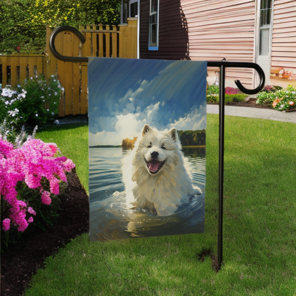 Samoyed Water Adventure Garden Flag - size comparison - Dragonfire Gardens