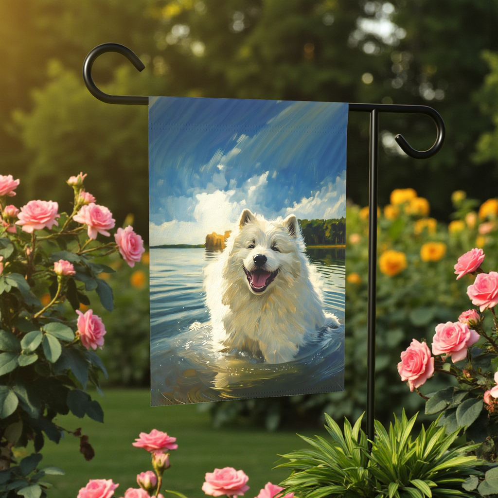 Samoyed Water Adventure Garden Flag - lifestyle display - Dragonfire Gardens