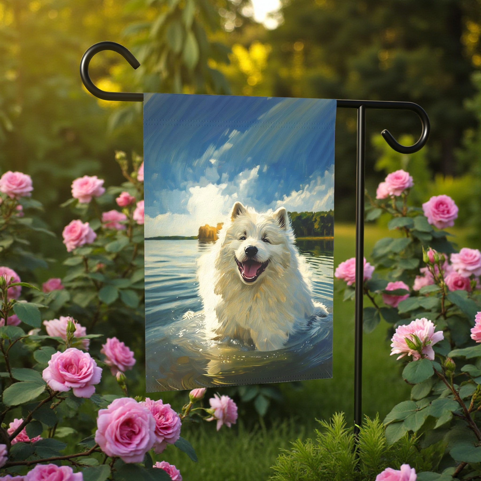 Samoyed Water Adventure Garden Flag - front view - Dragonfire Gardens