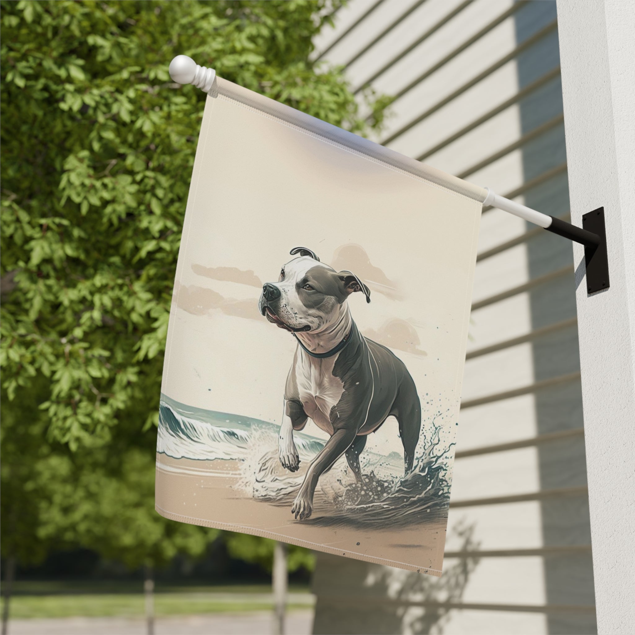 Pitbull on the Beach Garden Flag - close-up detail - Dragonfire Gardens