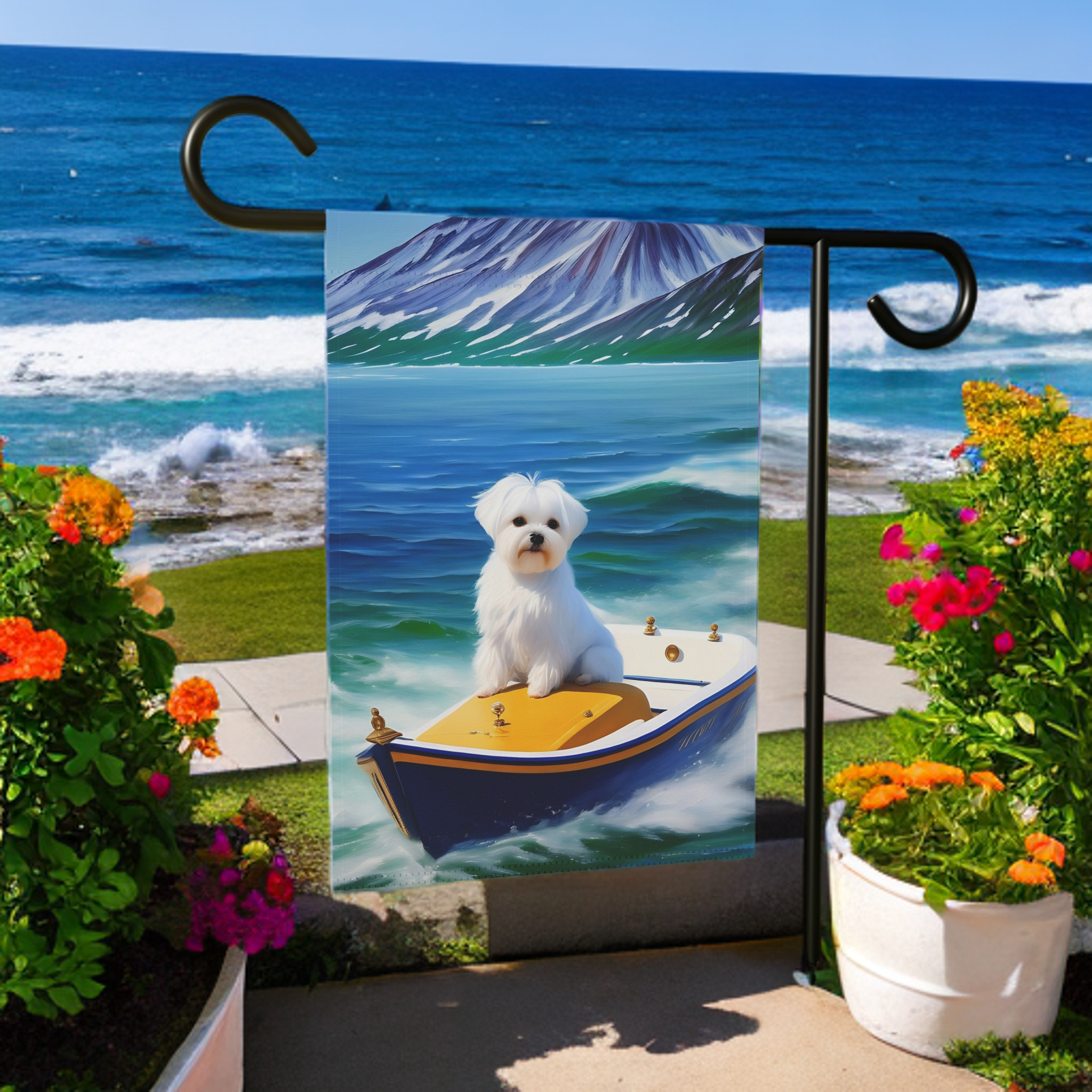 Blue Boat Maltese Garden Flag - size comparison - Dragonfire Gardens