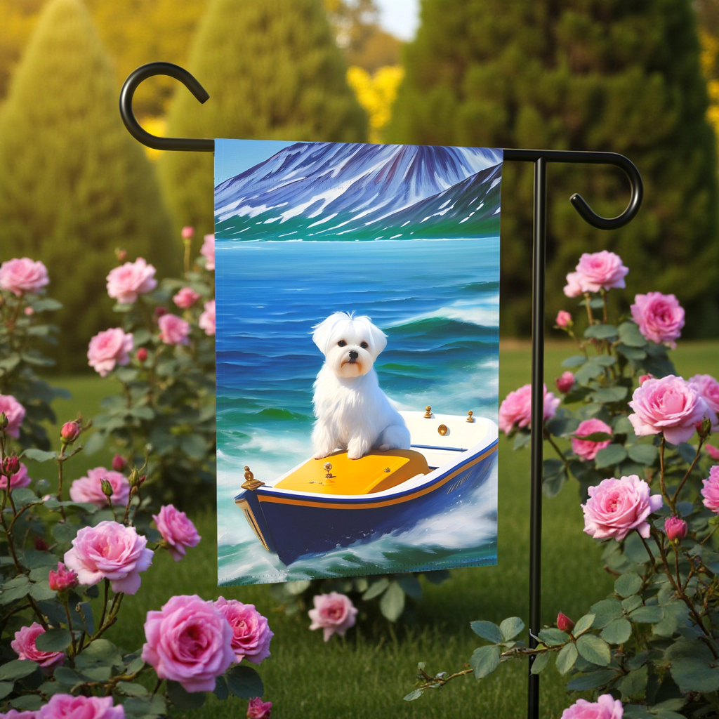 Blue Boat Maltese Garden Flag - lifestyle display - Dragonfire Gardens