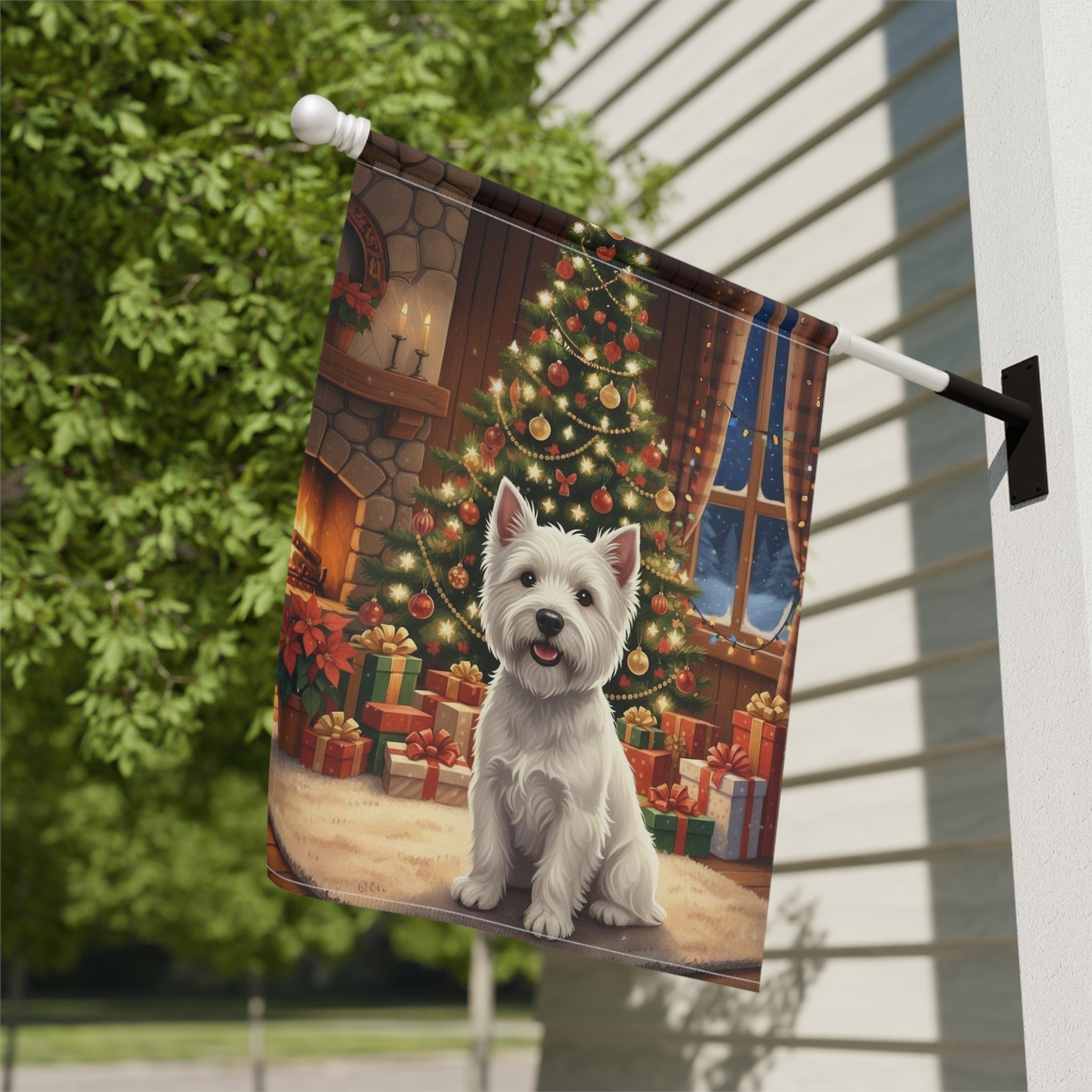 Christmas Tree Westie Garden Flag - close-up detail - Dragonfire Gardens