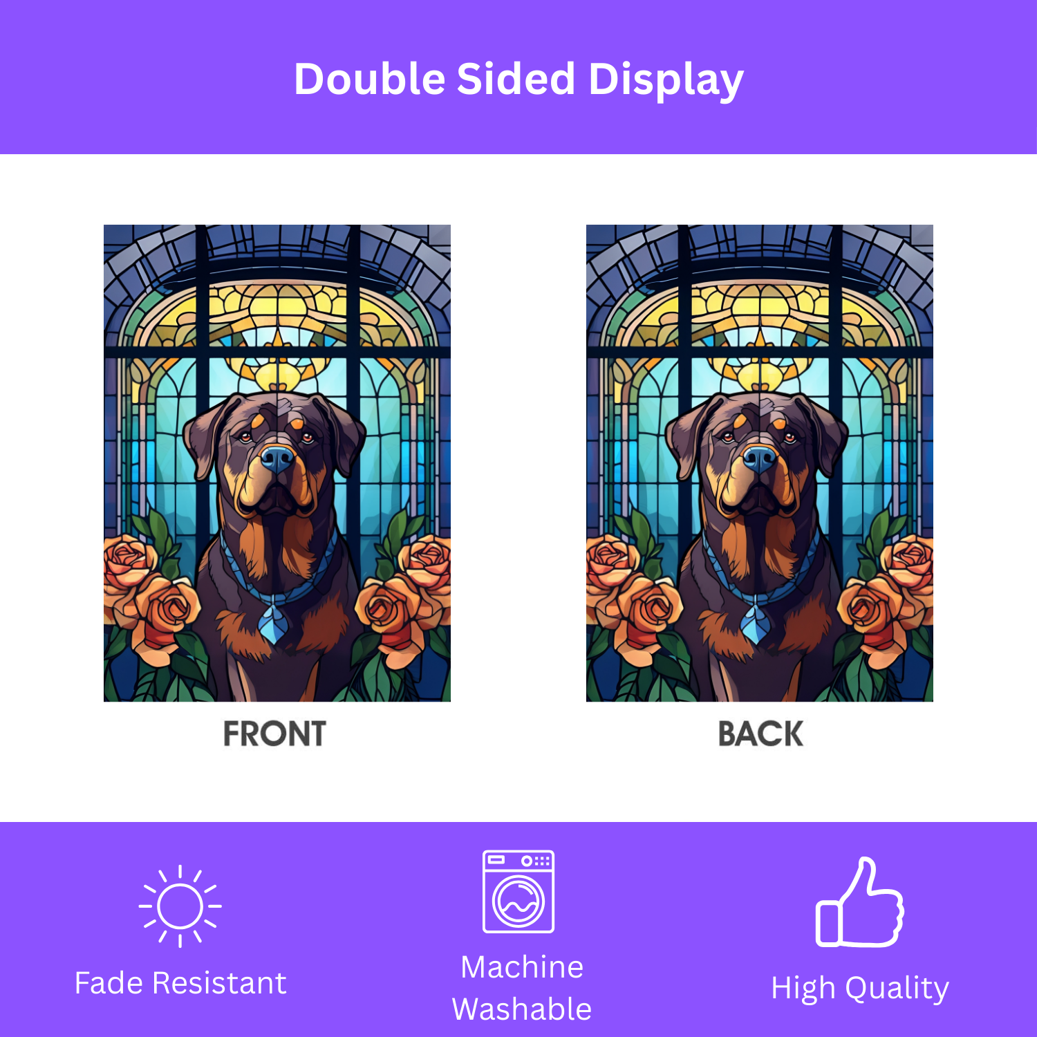 Stained Glass Rottweiler Garden Flag - double-sided design - Dragonfire Gardens