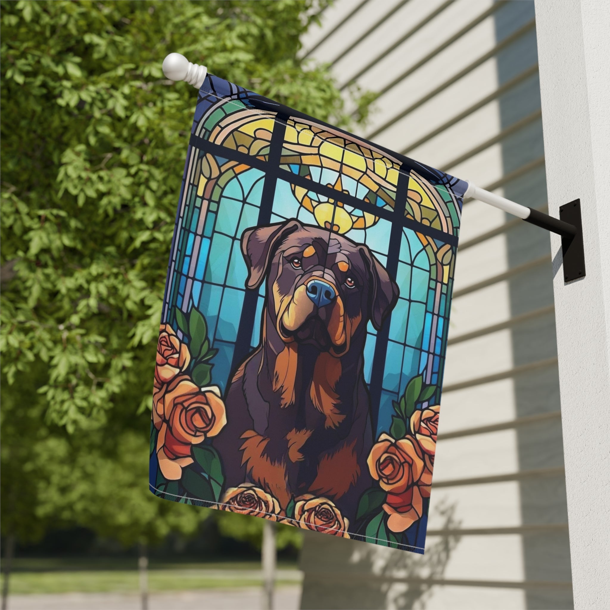 Stained Glass Rottweiler Garden Flag - close-up detail - Dragonfire Gardens