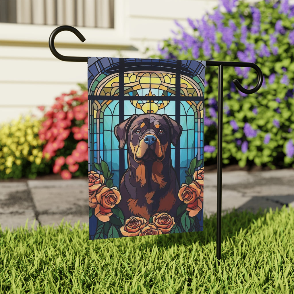 Stained Glass Rottweiler Garden Flag - outdoor display - Dragonfire Gardens