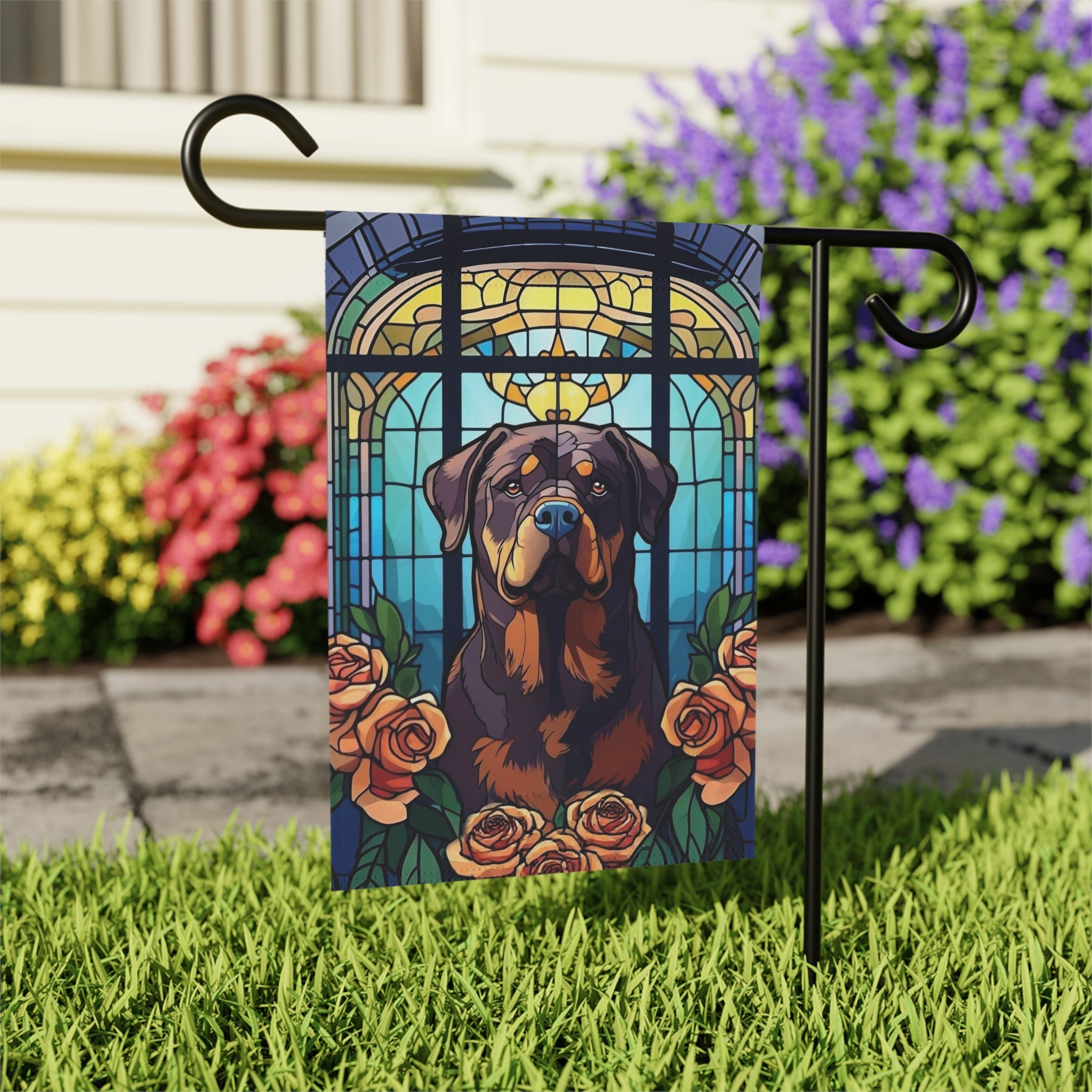 Stained Glass Rottweiler Garden Flag - outdoor display - Dragonfire Gardens