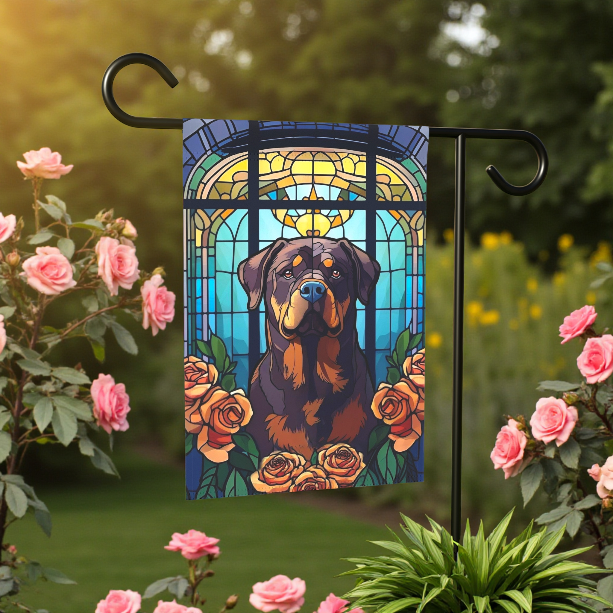 Stained Glass Rottweiler Garden Flag - lifestyle display - Dragonfire Gardens