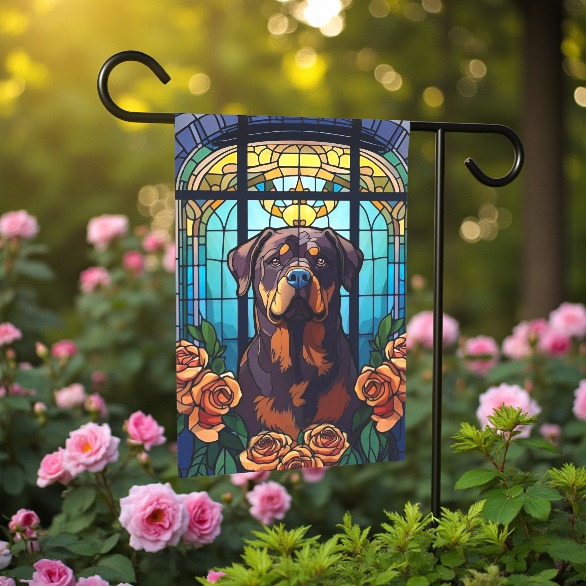 Stained Glass Rottweiler Garden Flag - front view - Dragonfire Gardens