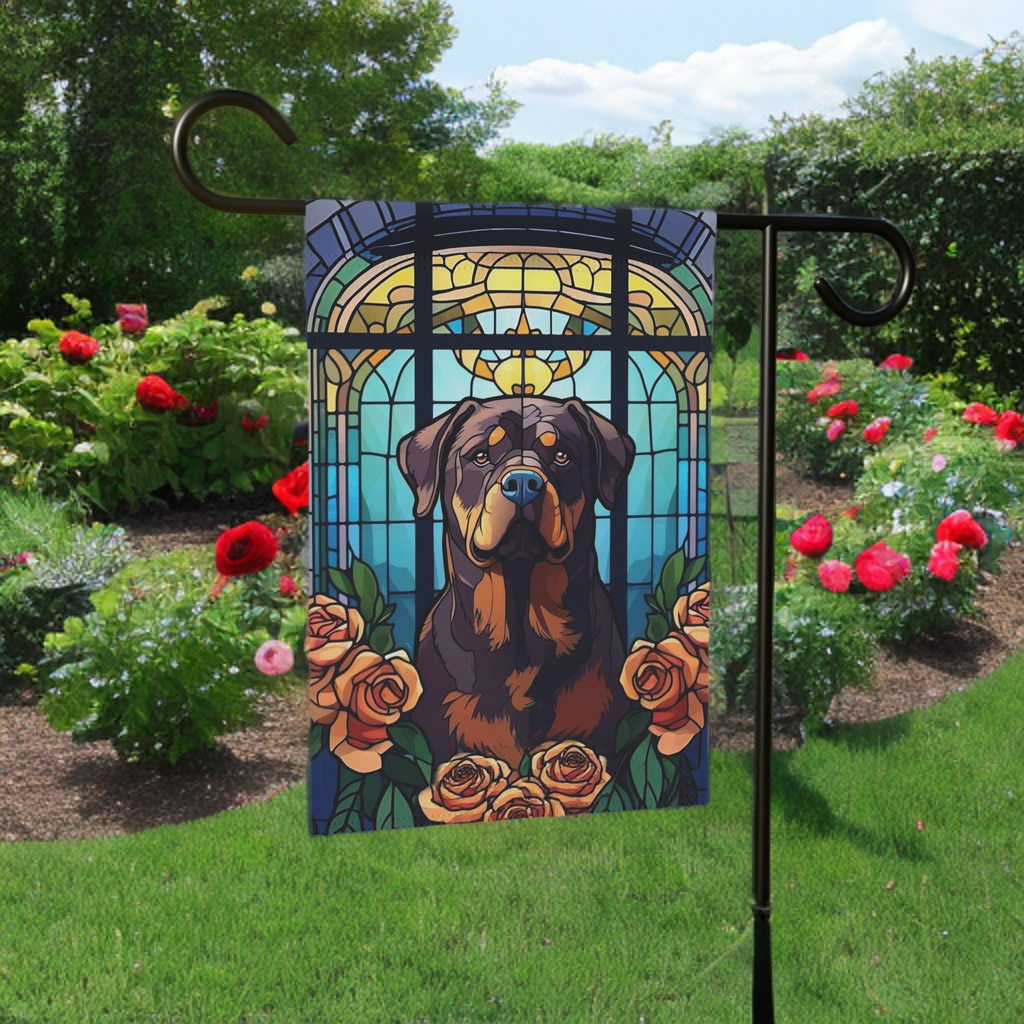 Stained Glass Rottweiler Garden Flag - size comparison - Dragonfire Gardens