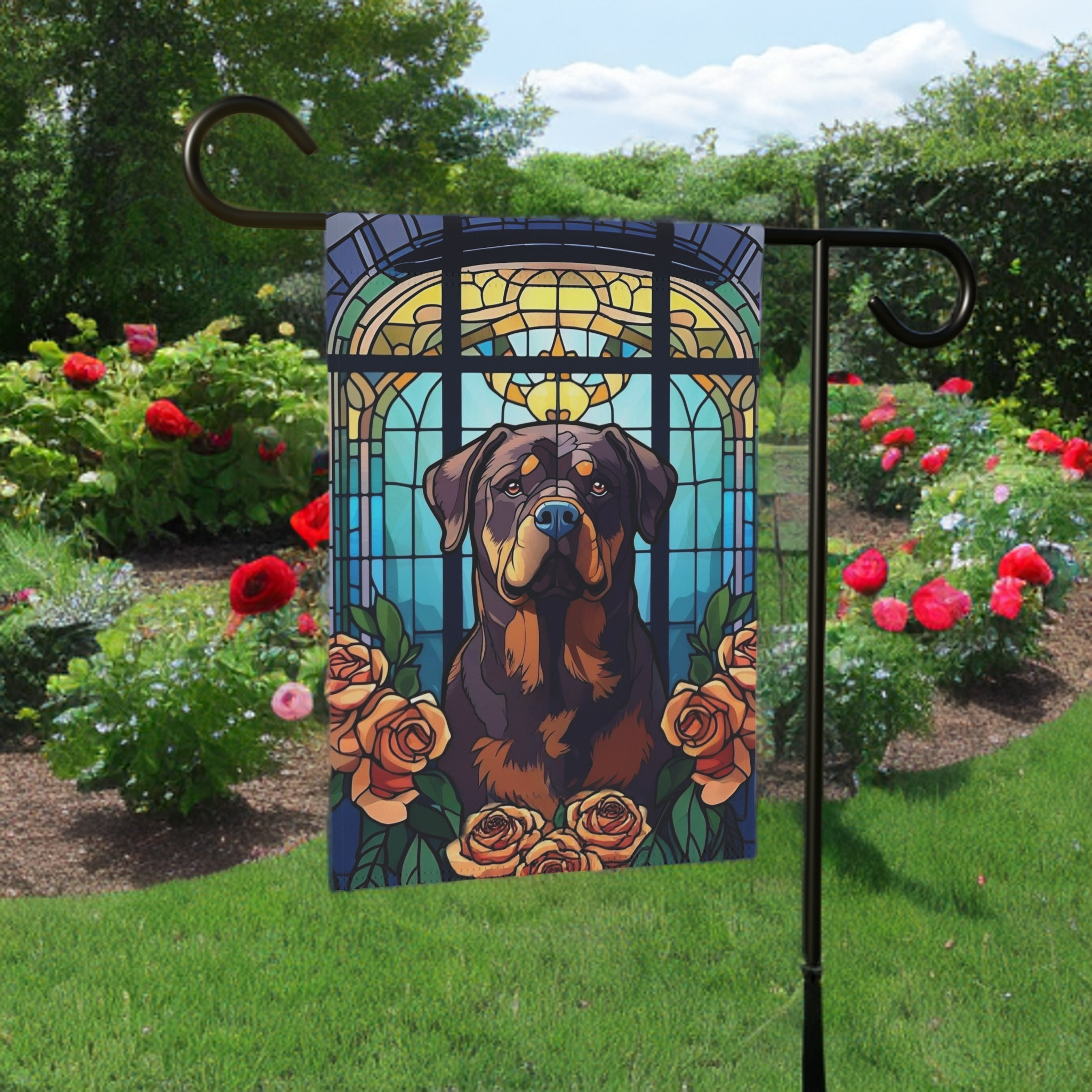 Stained Glass Rottweiler Garden Flag - size comparison - Dragonfire Gardens