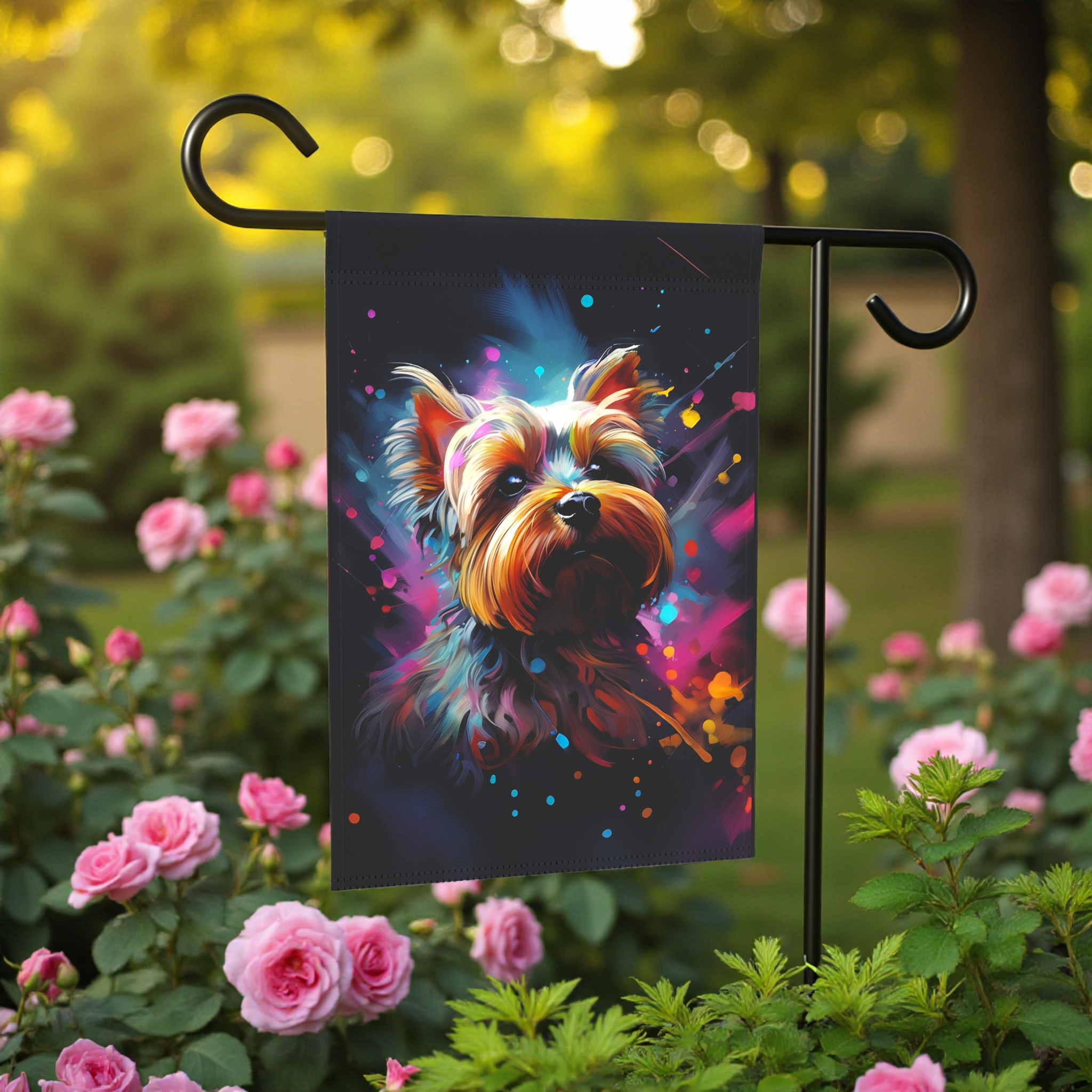 Abstract Yorkshire Terrier Garden Flag - lifestyle display - Dragonfire Gardens